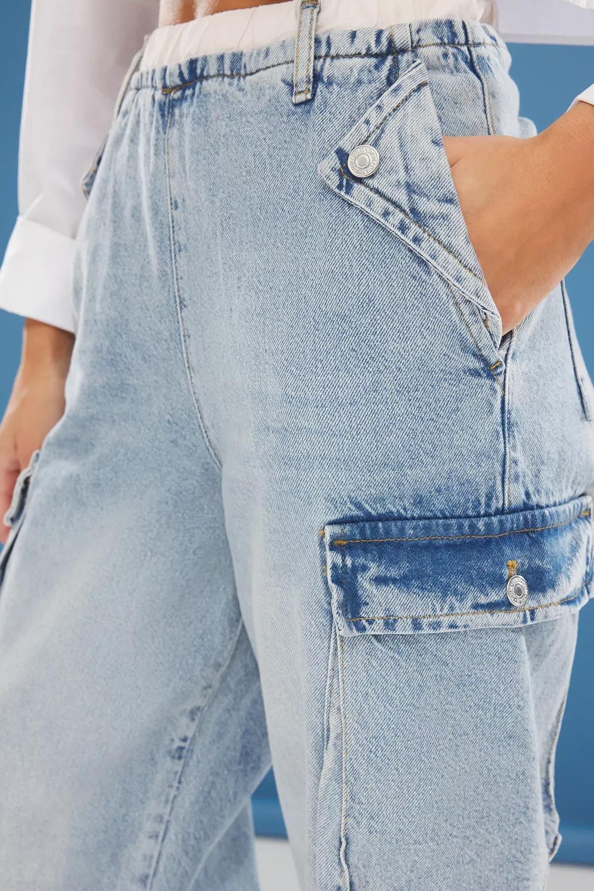 Blue Cargo Belted Wide Jeans, , large image number 3