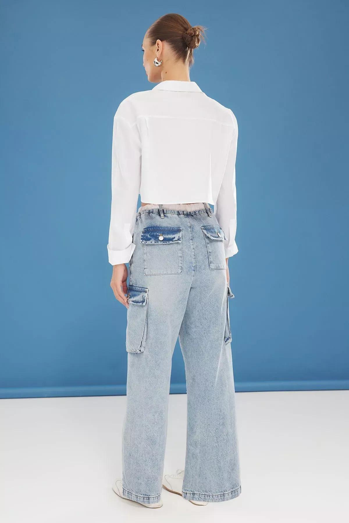Blue Cargo Belted Wide Jeans, , large image number 4