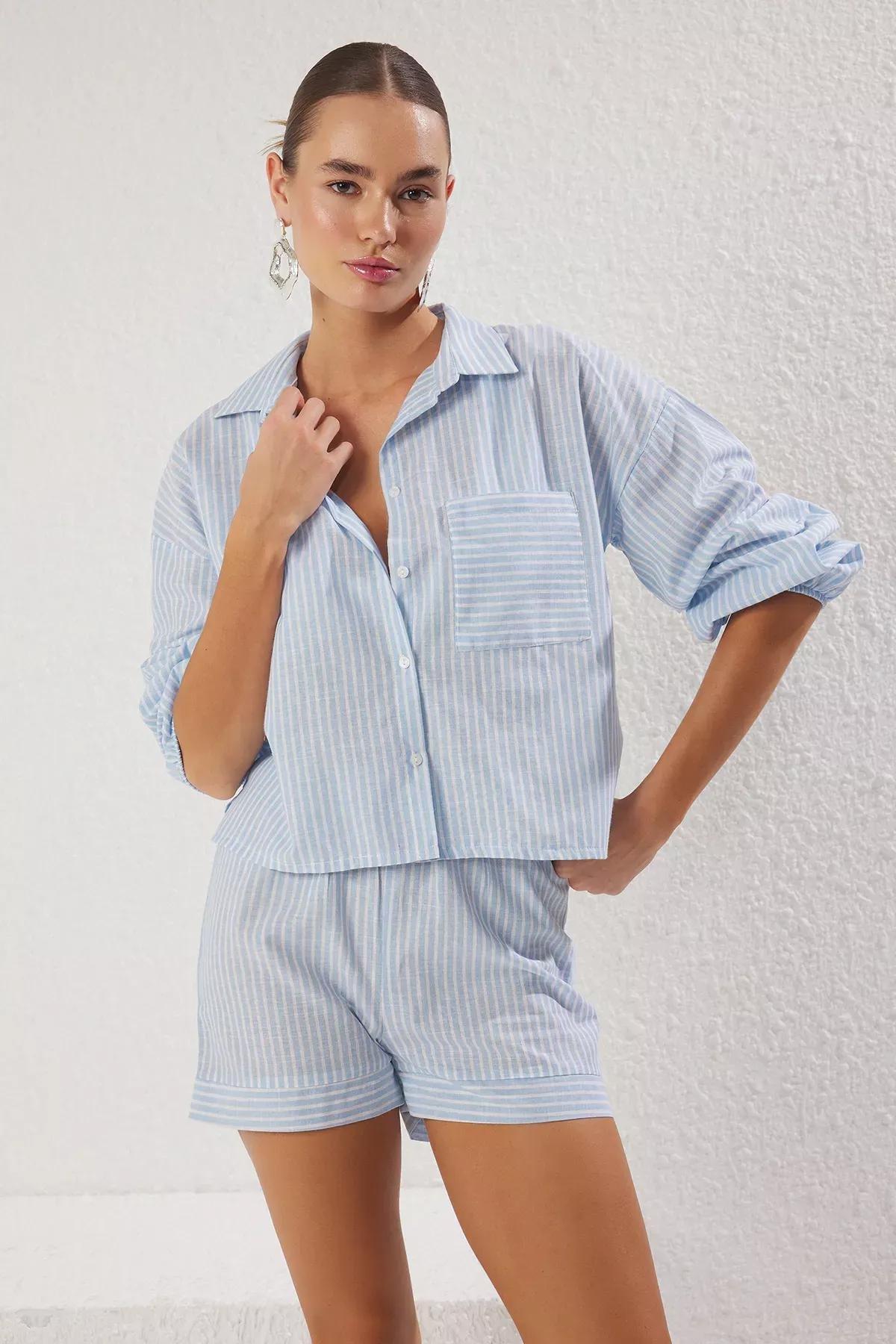 Blue Striped Weaving Co-Ord Set, White-Blue, large image number 1