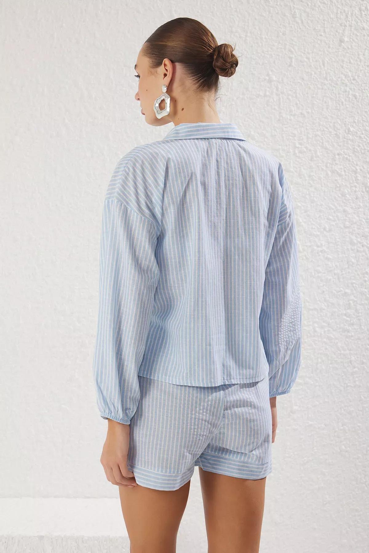 Blue Striped Weaving Co-Ord Set, White-Blue, large image number 3