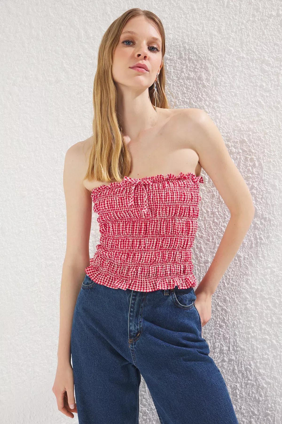 Red Gingham Strapless Bow Blouse, , large image number 1