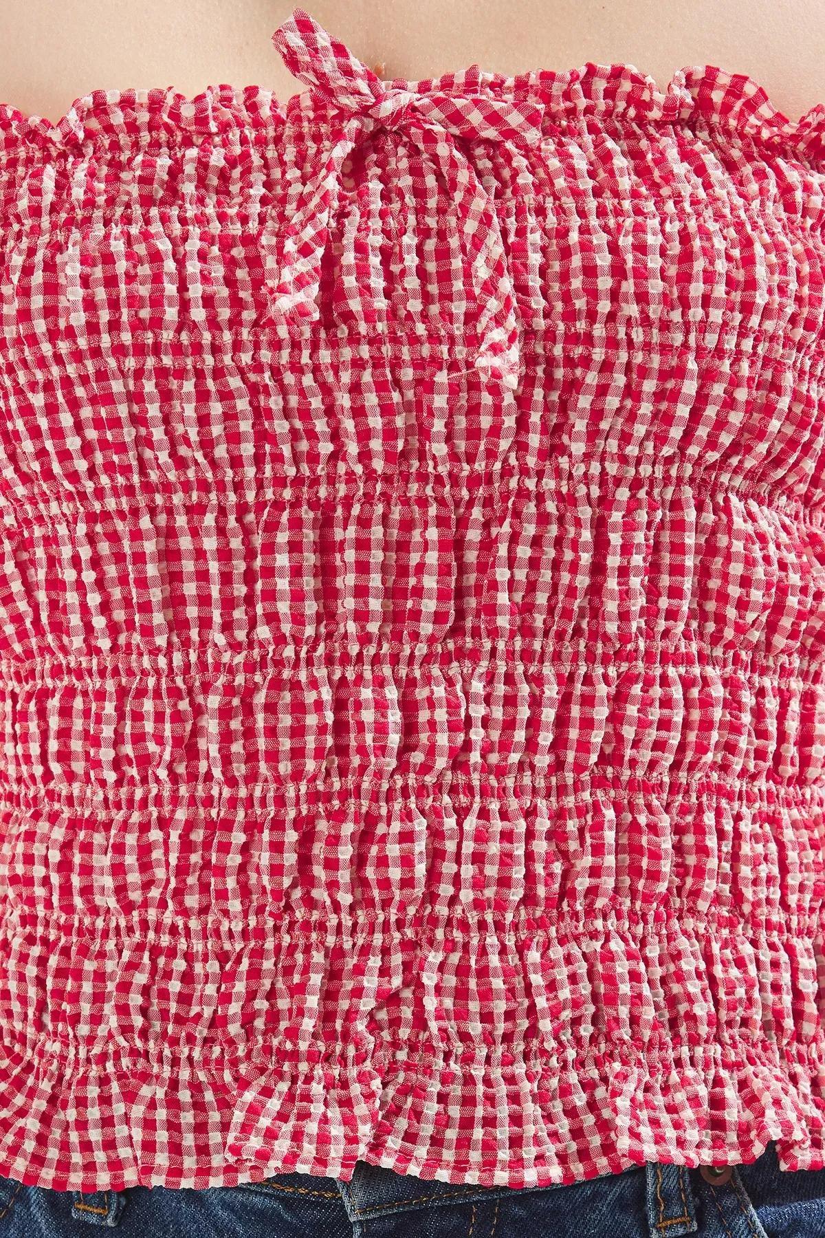Red Gingham Strapless Bow Blouse, Red, large image number 2