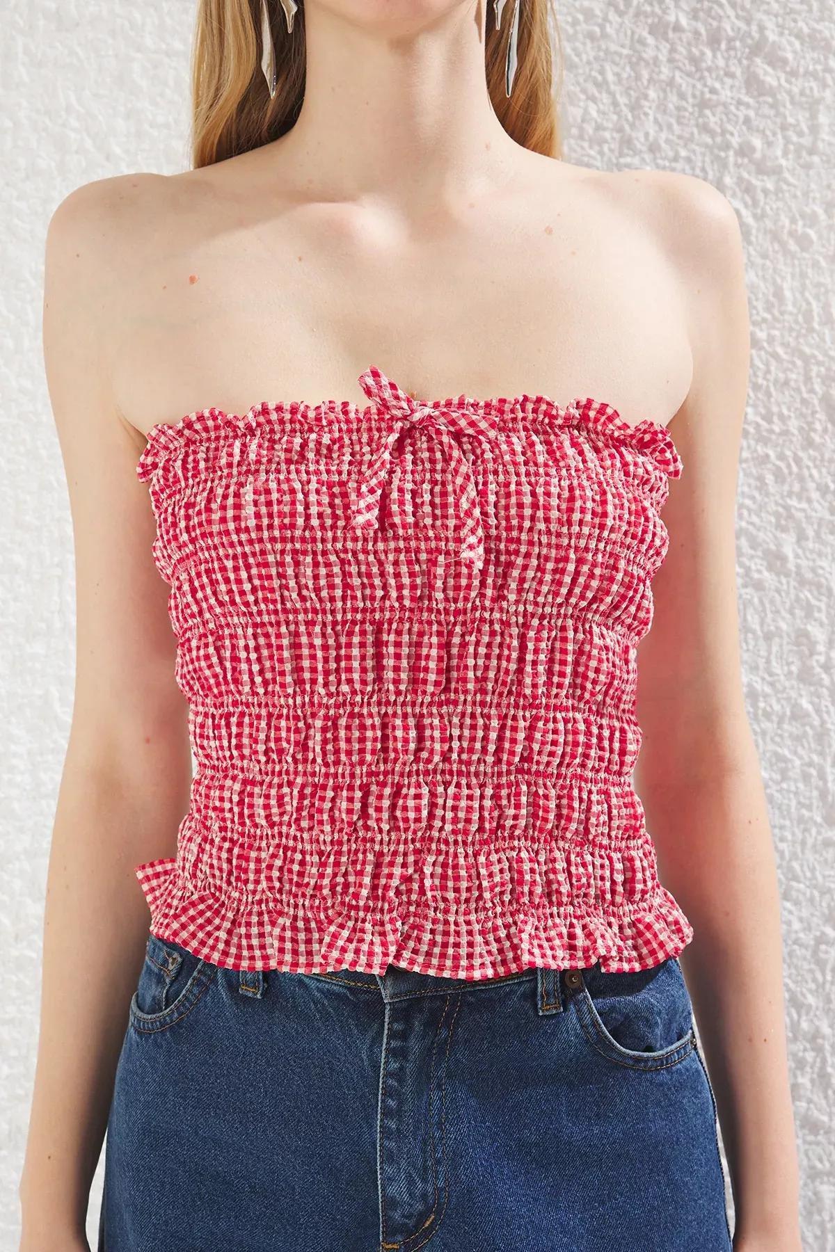 Red Gingham Strapless Bow Blouse, Red, large image number 3