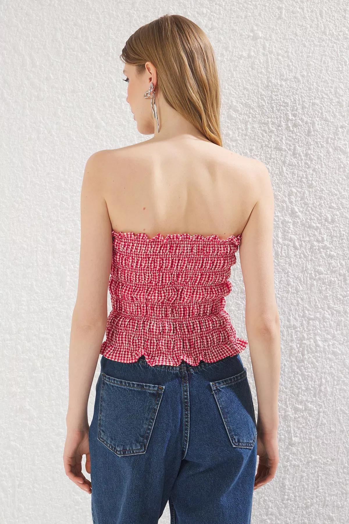 Red Gingham Strapless Bow Blouse, Red, large image number 4