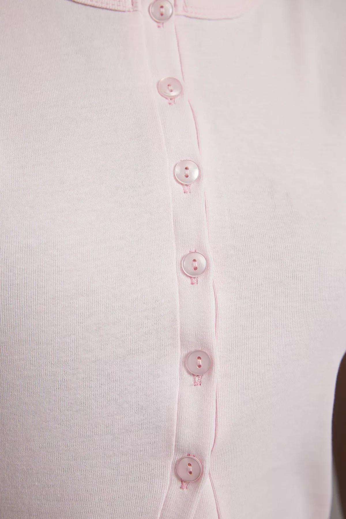 Pink Button Fitted Knitted Blouse, Pink, large image number 2