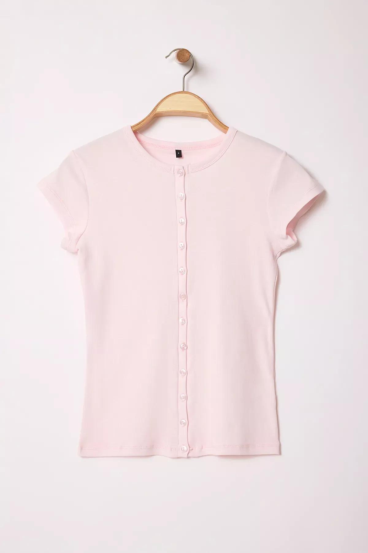 Pink Button Fitted Knitted Blouse, Pink, large image number 4