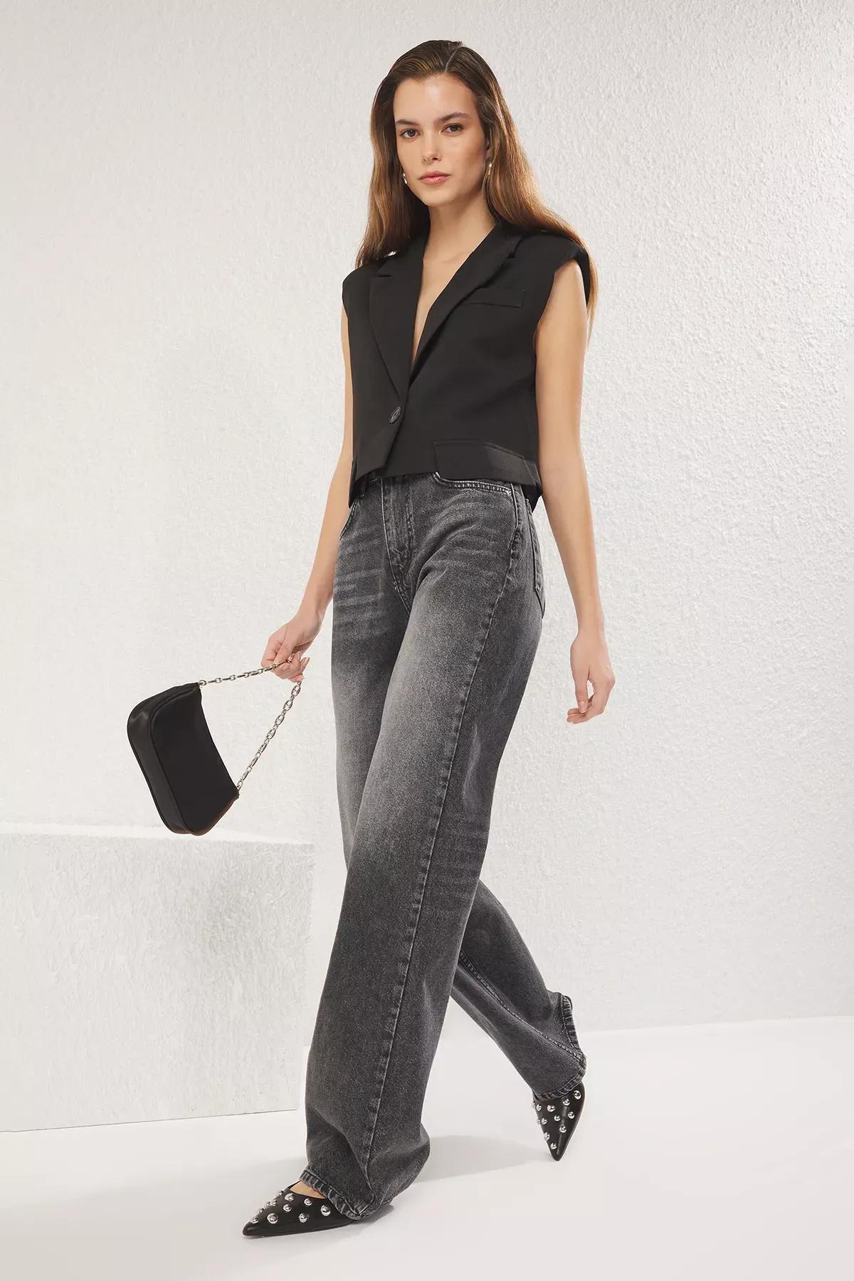 Grey Wide Leg High-Waist Jeans, , large image number 1