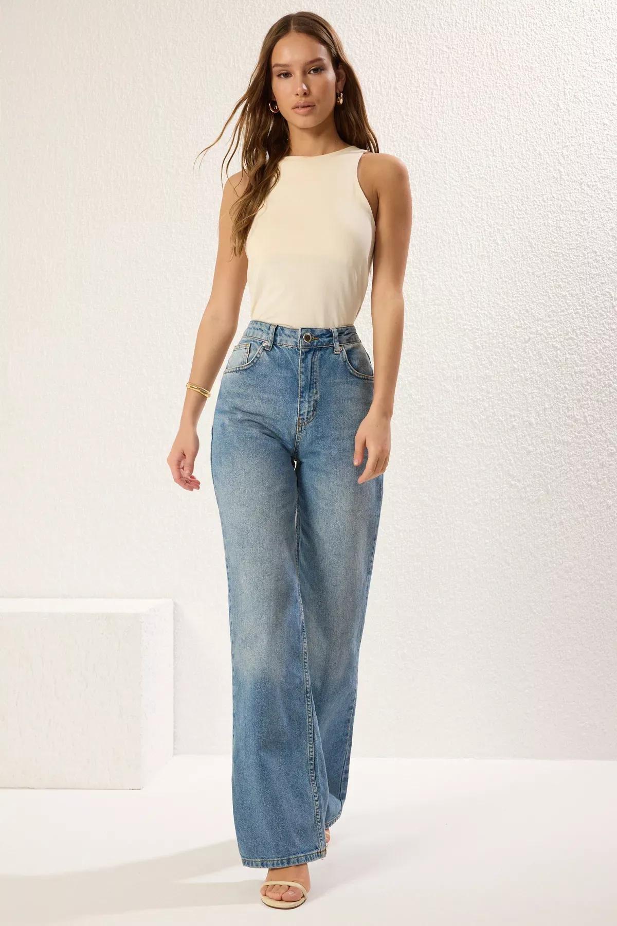 Blue Wide Leg Jeans, Blue, large image number 0