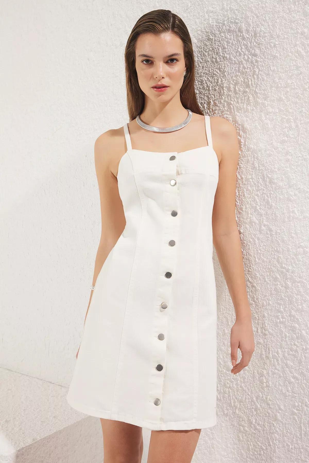 White Front Buttoned Mini Denim Dress, White, large image number 0