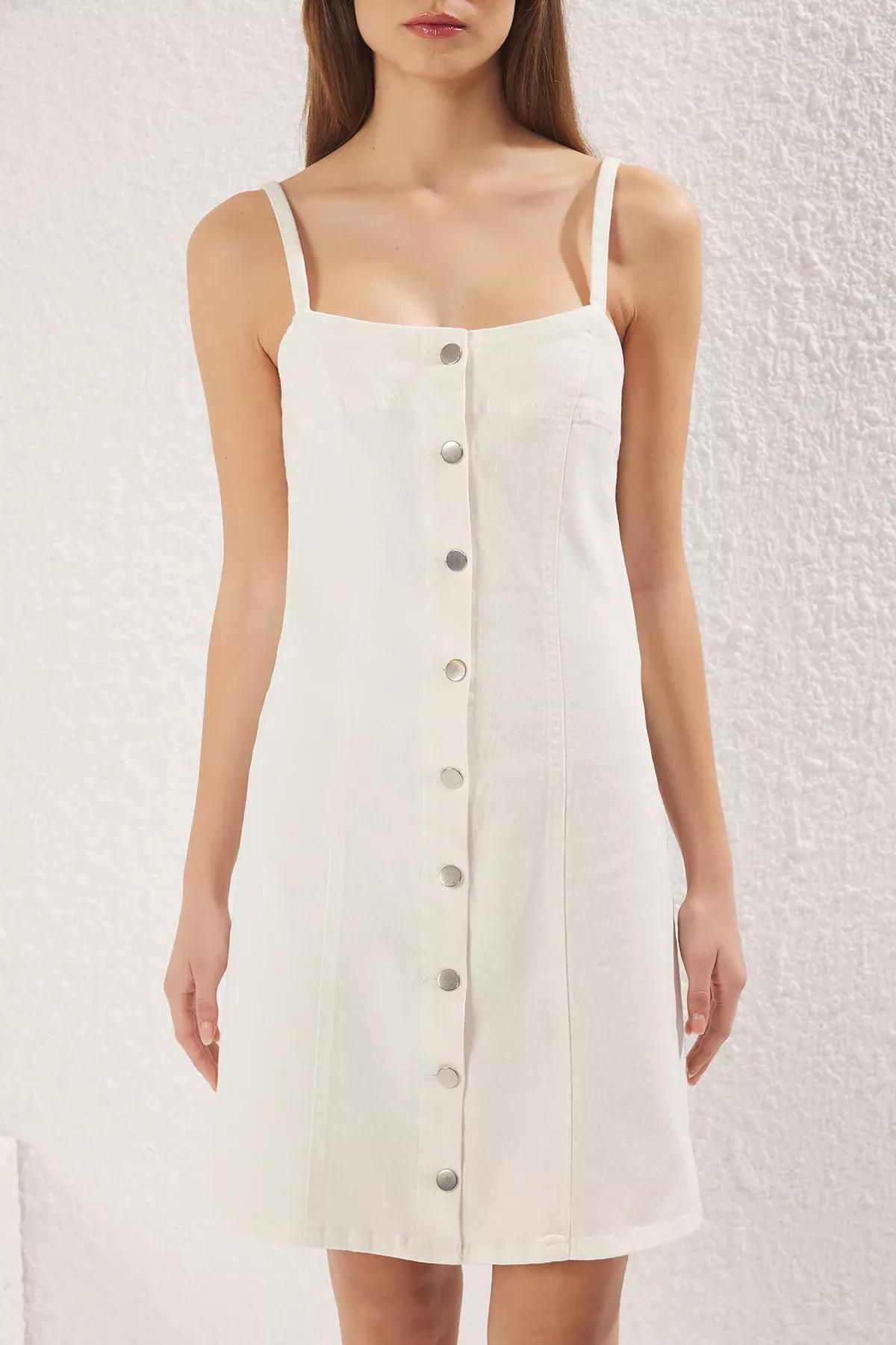 White Front Buttoned Mini Denim Dress, White, large image number 2