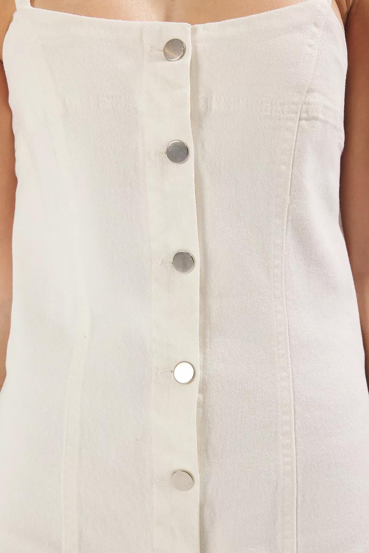 White Front Buttoned Mini Denim Dress, White, large image number 3