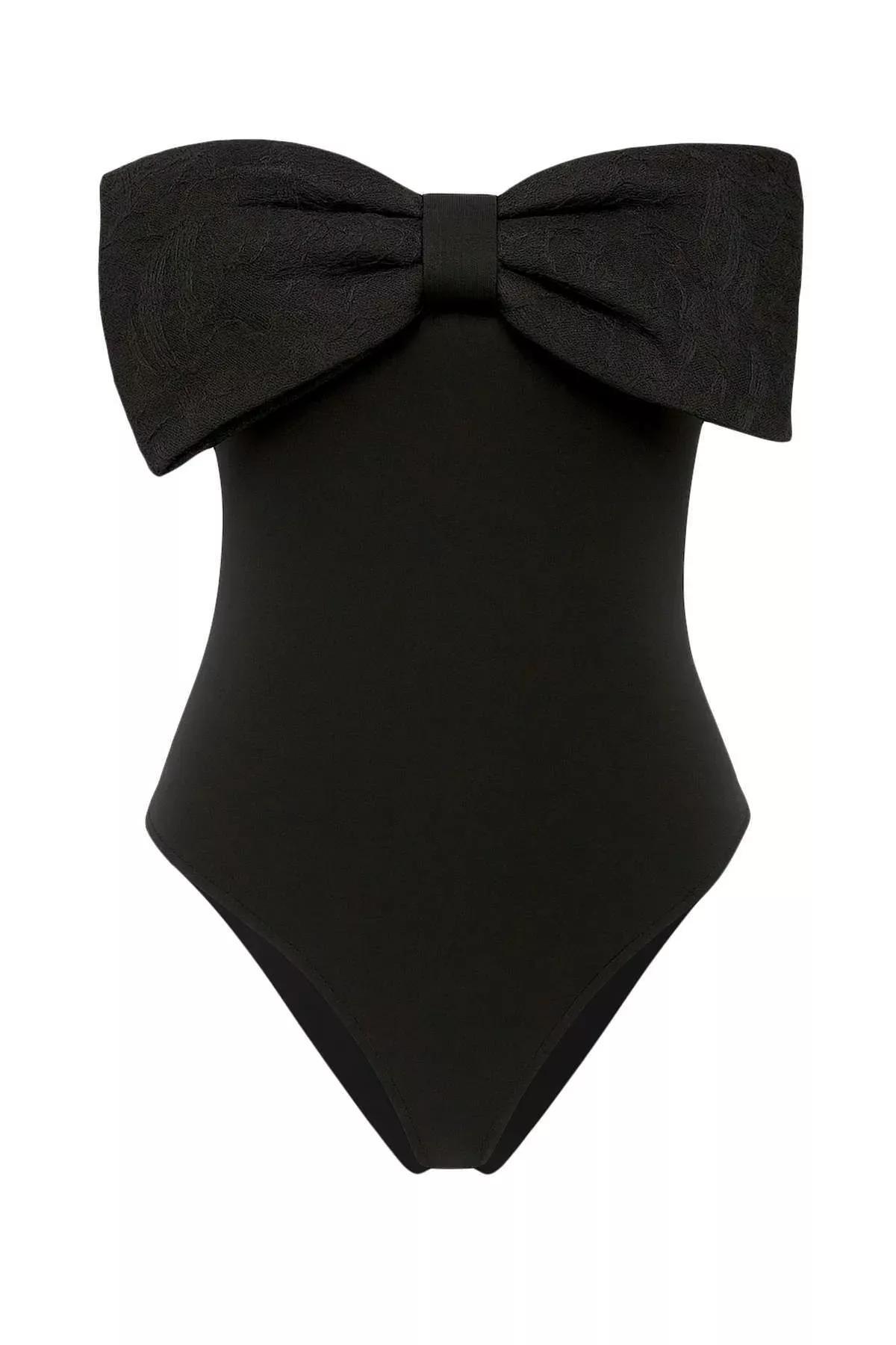 Black Strapless Bow Snap Bodysuit, , large image number 1