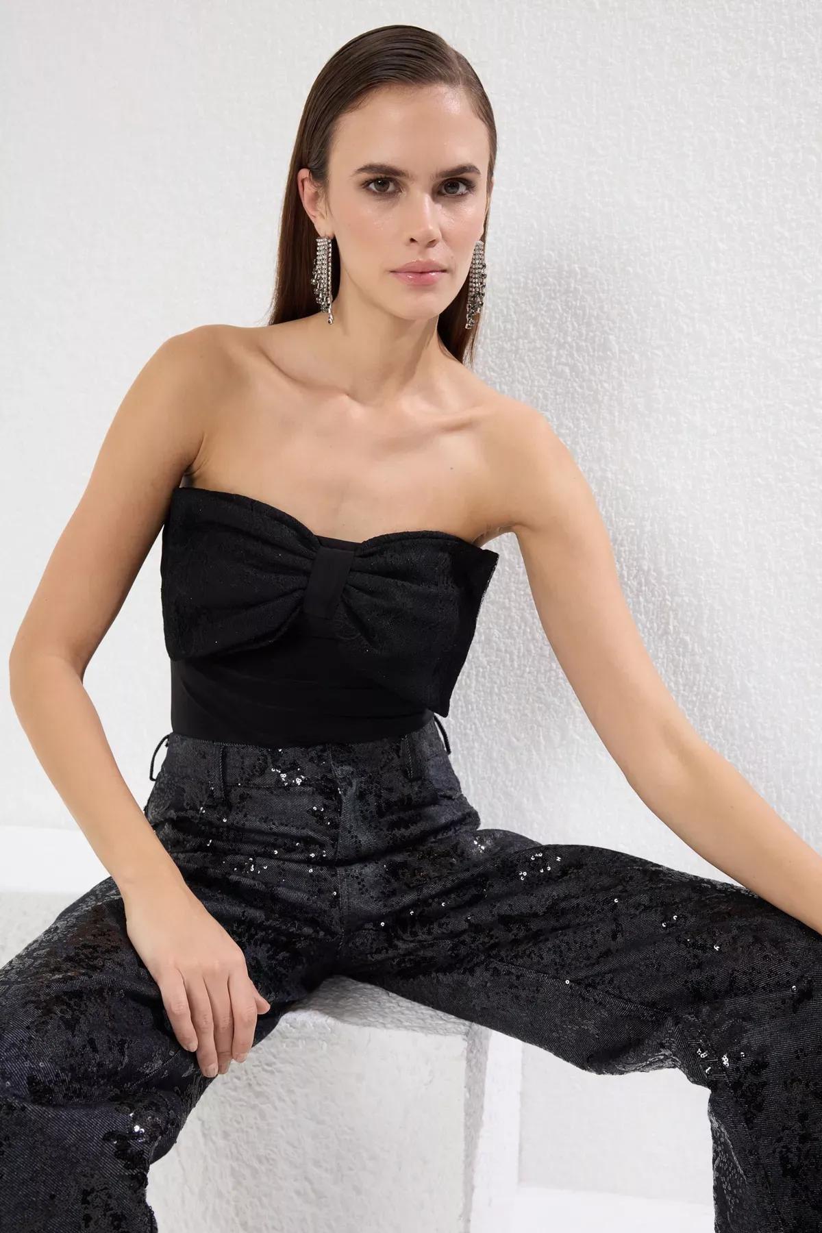 Black Strapless Bow Snap Bodysuit, , large image number 2