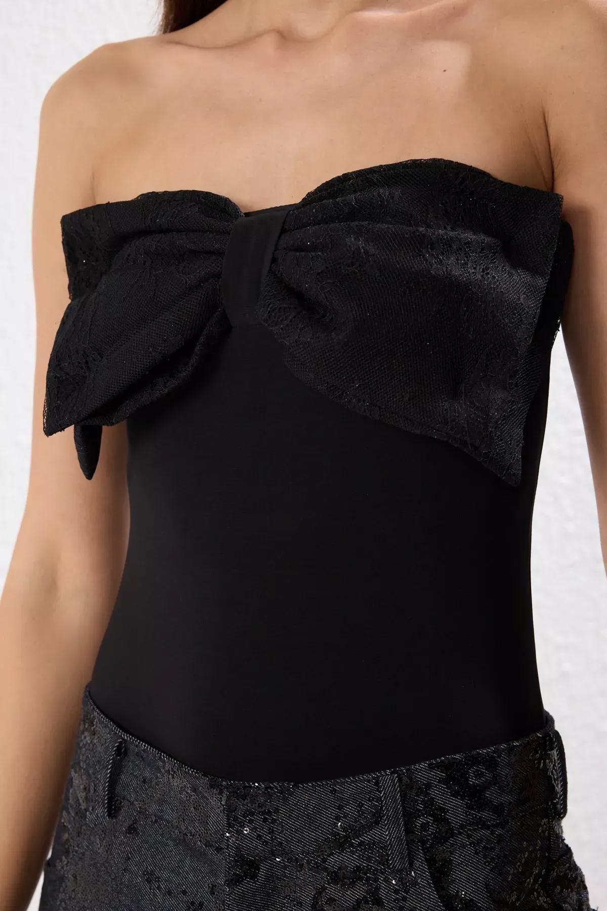 Black Strapless Bow Snap Bodysuit, , large image number 3