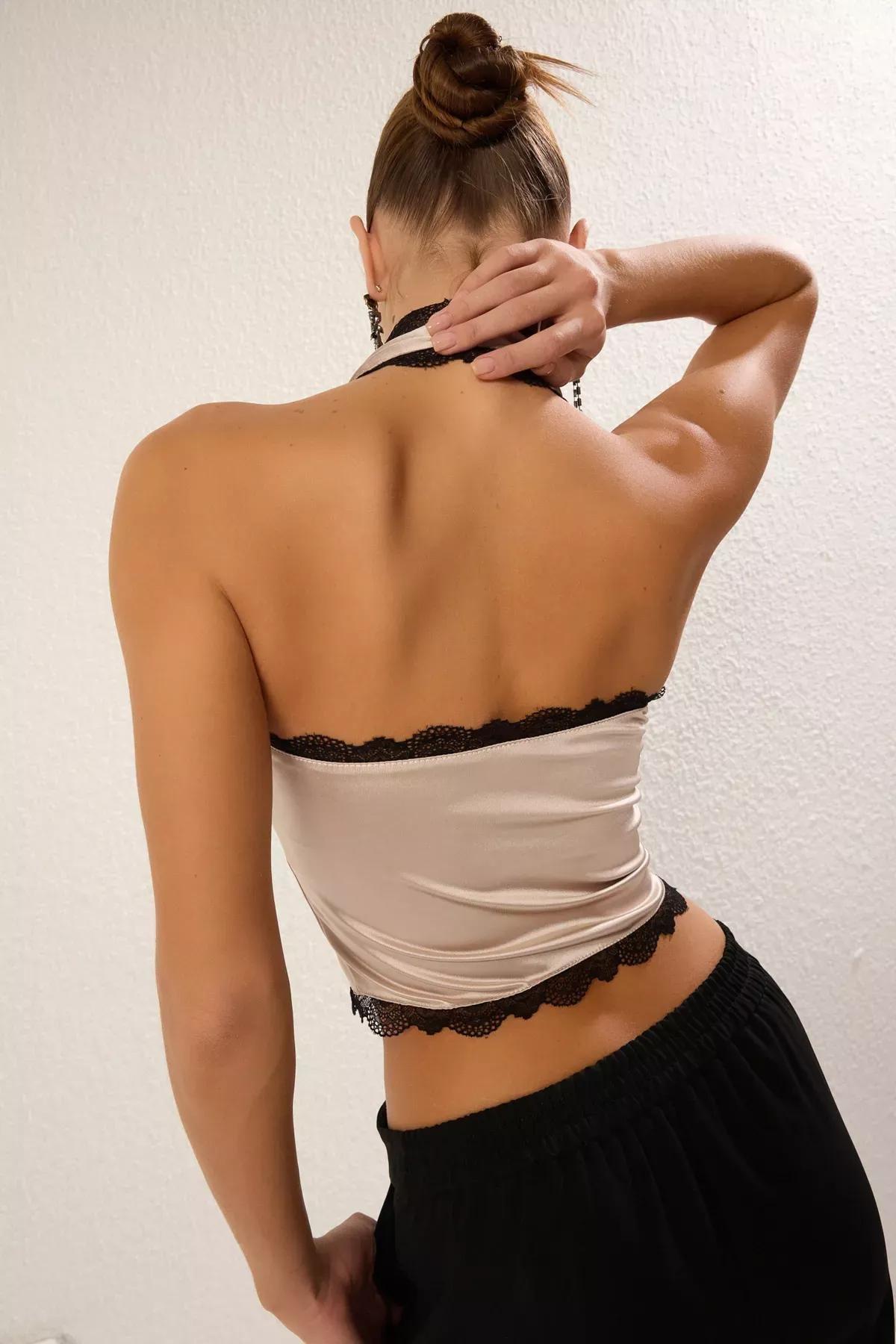 Beige Tie Detail Satin Blouse, , large image number 1