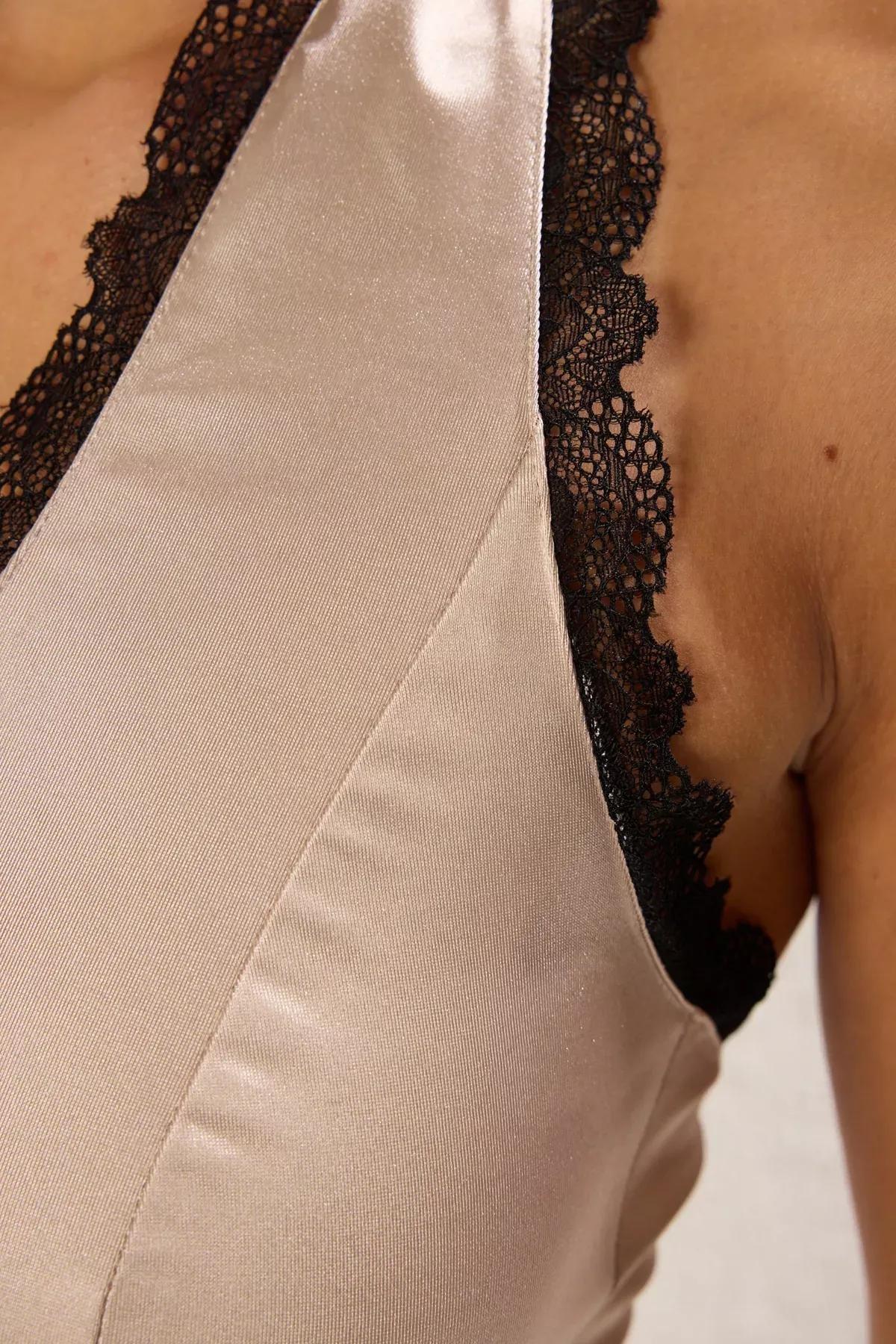 Beige Tie Detail Satin Blouse, , large image number 3