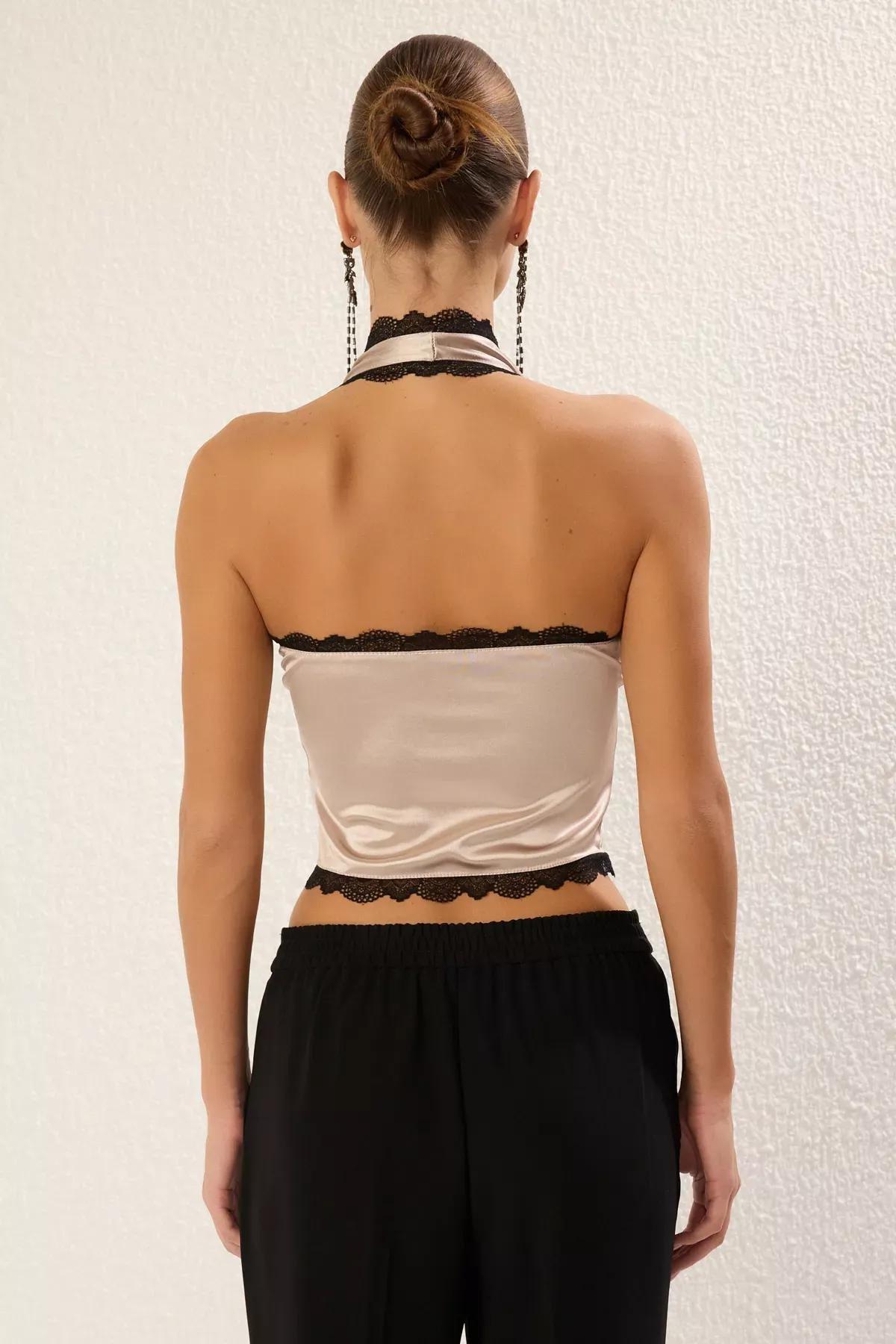 Beige Tie Detail Satin Blouse, , large image number 4