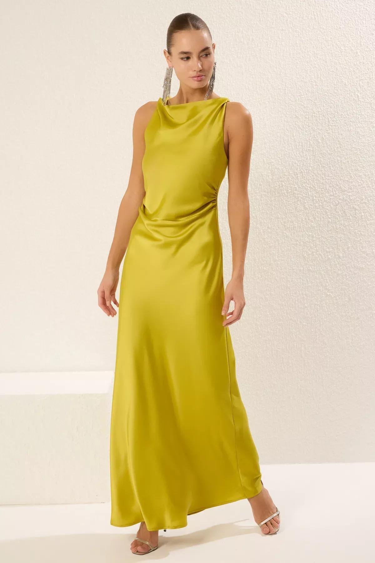 Green Satin Maxi Dress, OIL GREEN, large image number 0