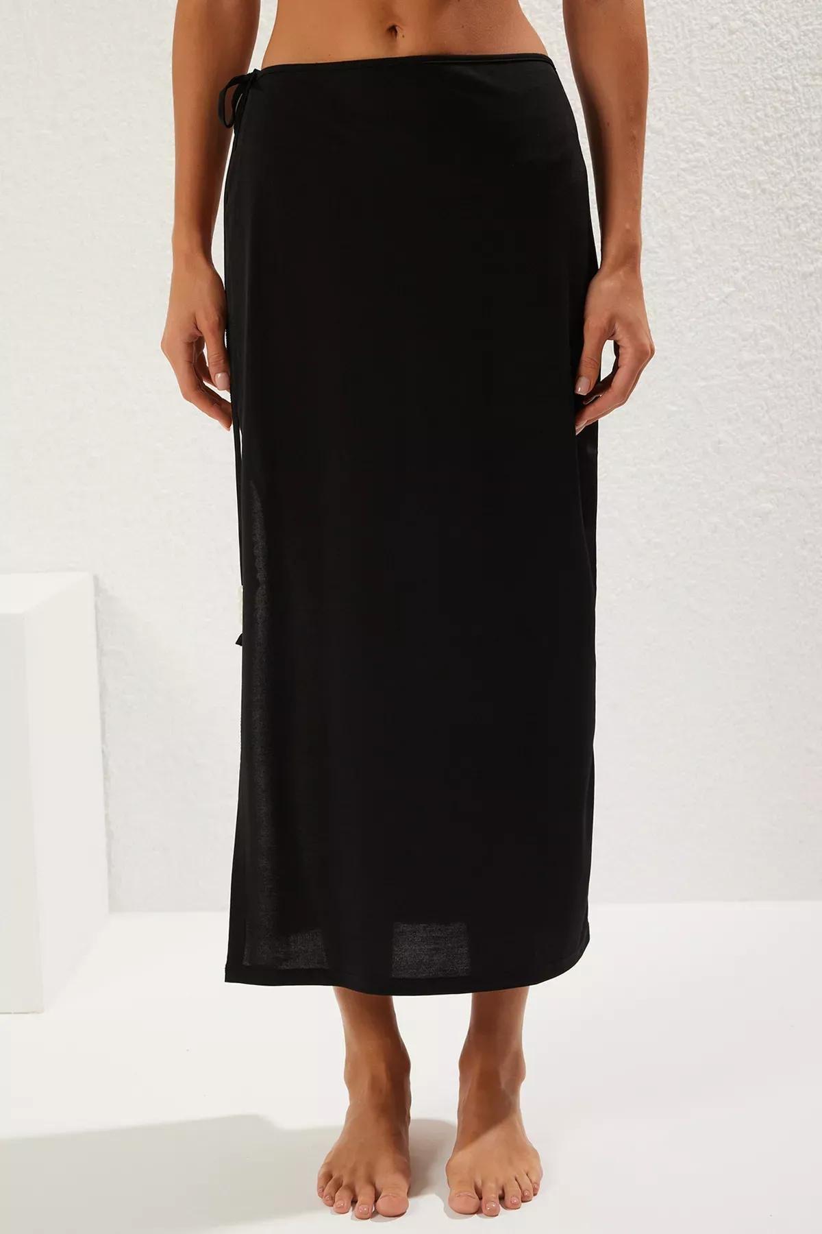 Black Tied Knitted Wraparound Skirt, , large image number 2