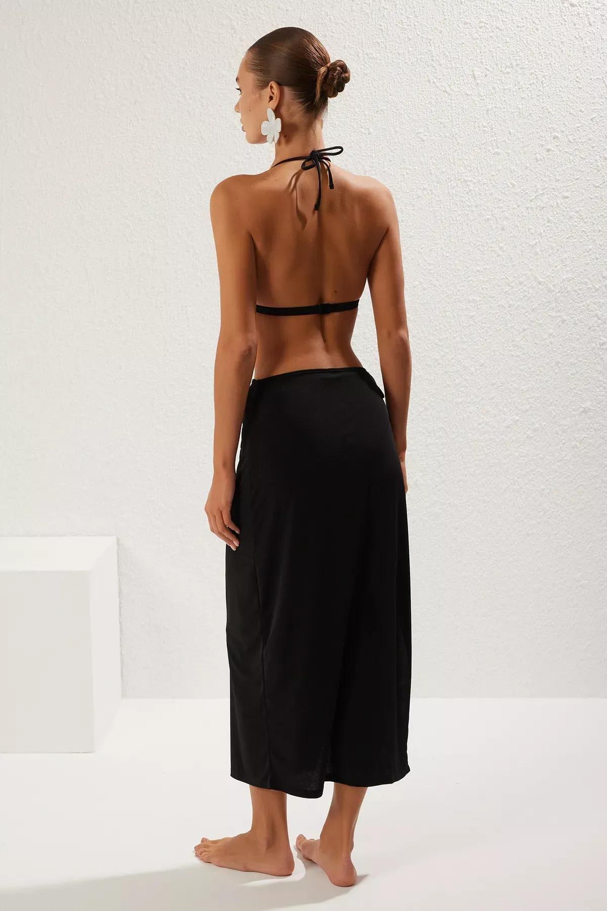 Black Tied Knitted Wraparound Skirt, , large image number 4