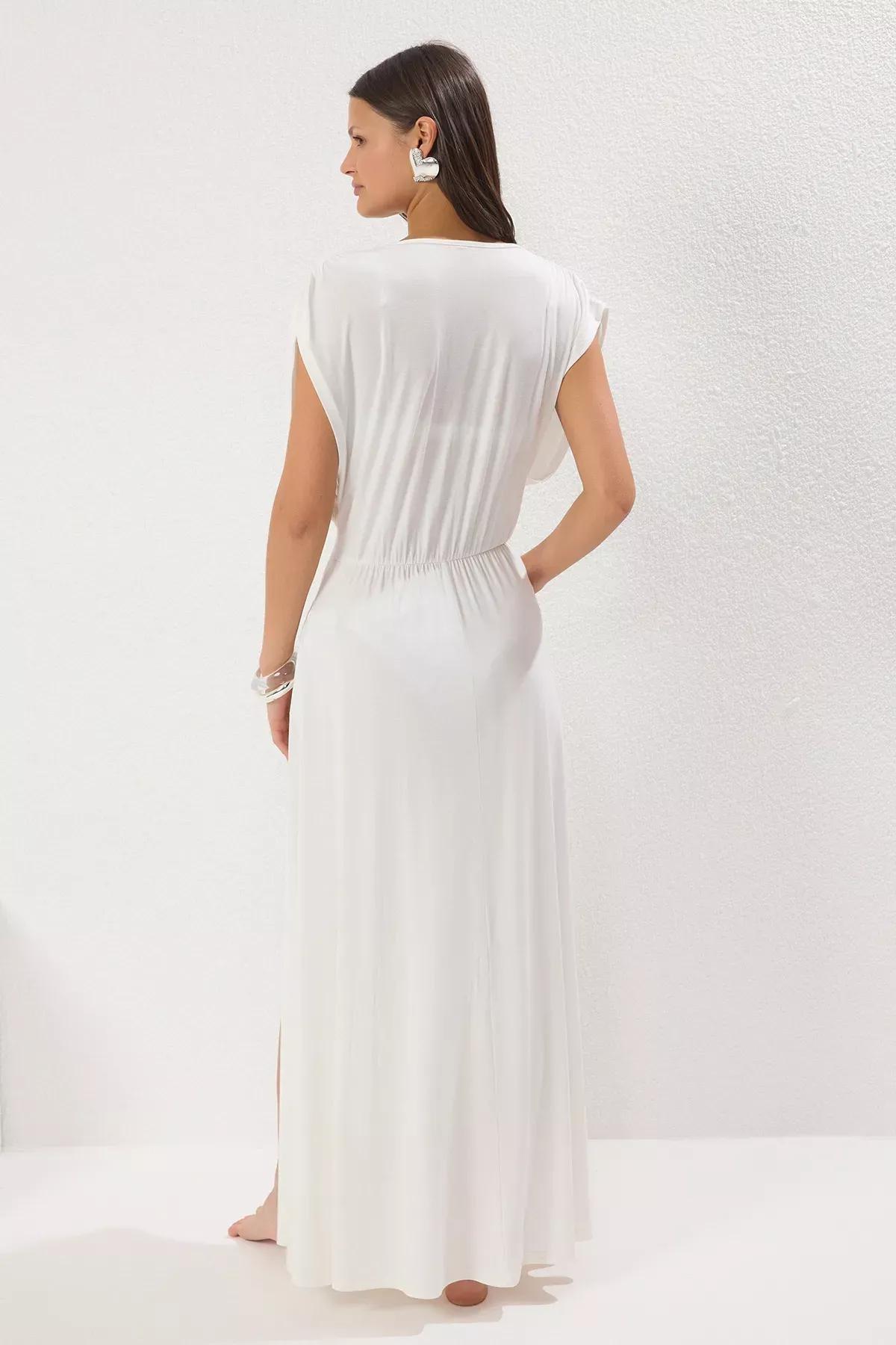 Beige Maxi Knitted Slit Dress, Ecru, large image number 3