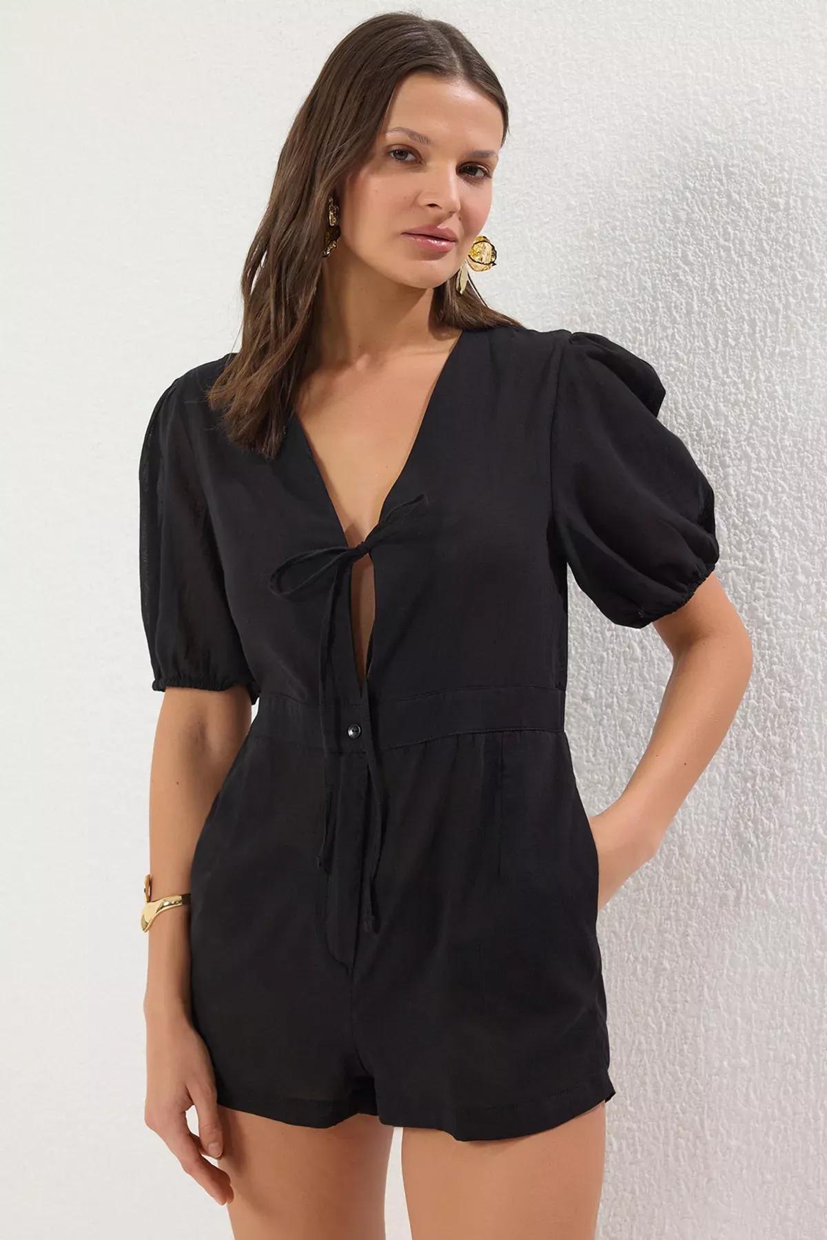 Black Woven Balloon Sleeve Jumpsuit, , large image number 0