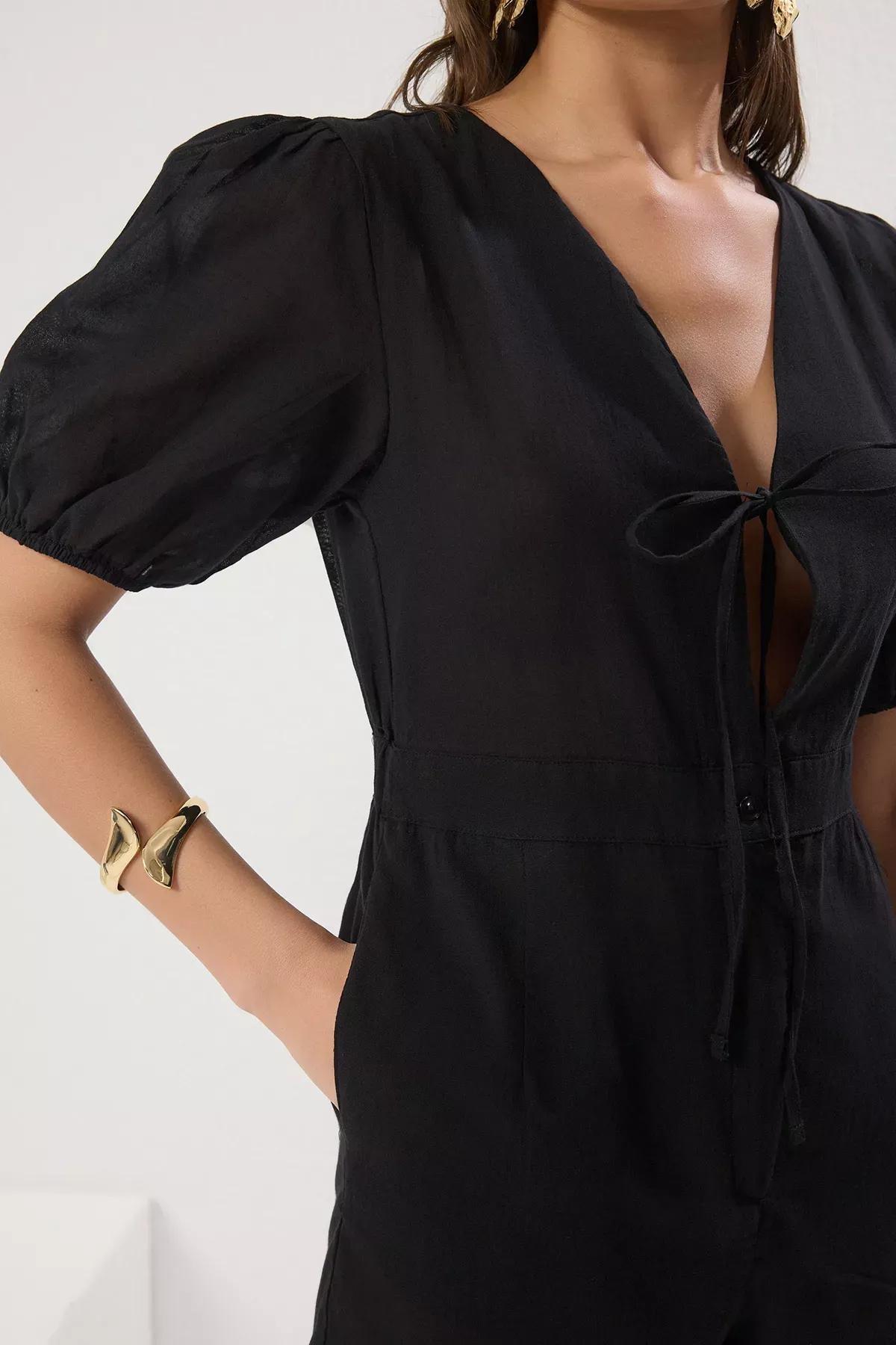 Black Woven Balloon Sleeve Jumpsuit, , large image number 2