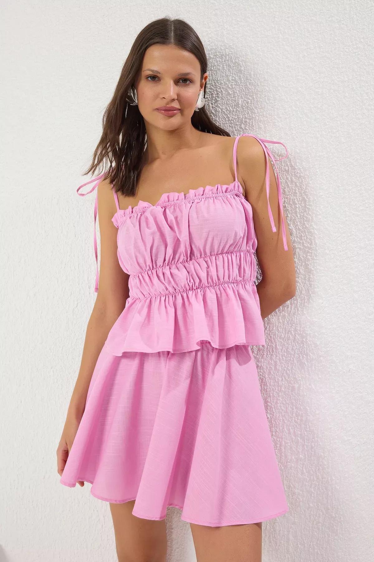Pink Woven Gathered Flamed Strappy Co-Ord Set, Pink, large image number 0