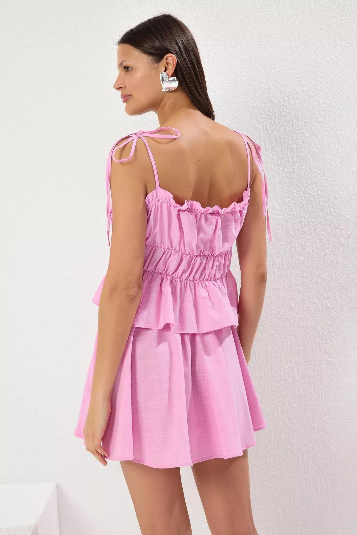 Pink Woven Gathered Flamed Strappy Co-Ord Set, Pink, large image number 3
