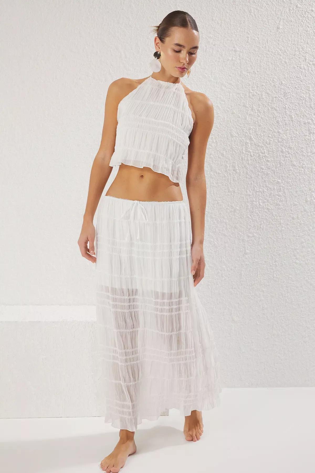 Beige Gathered Detailed Chiffon Co-Ord Set, Ecru, large image number 0