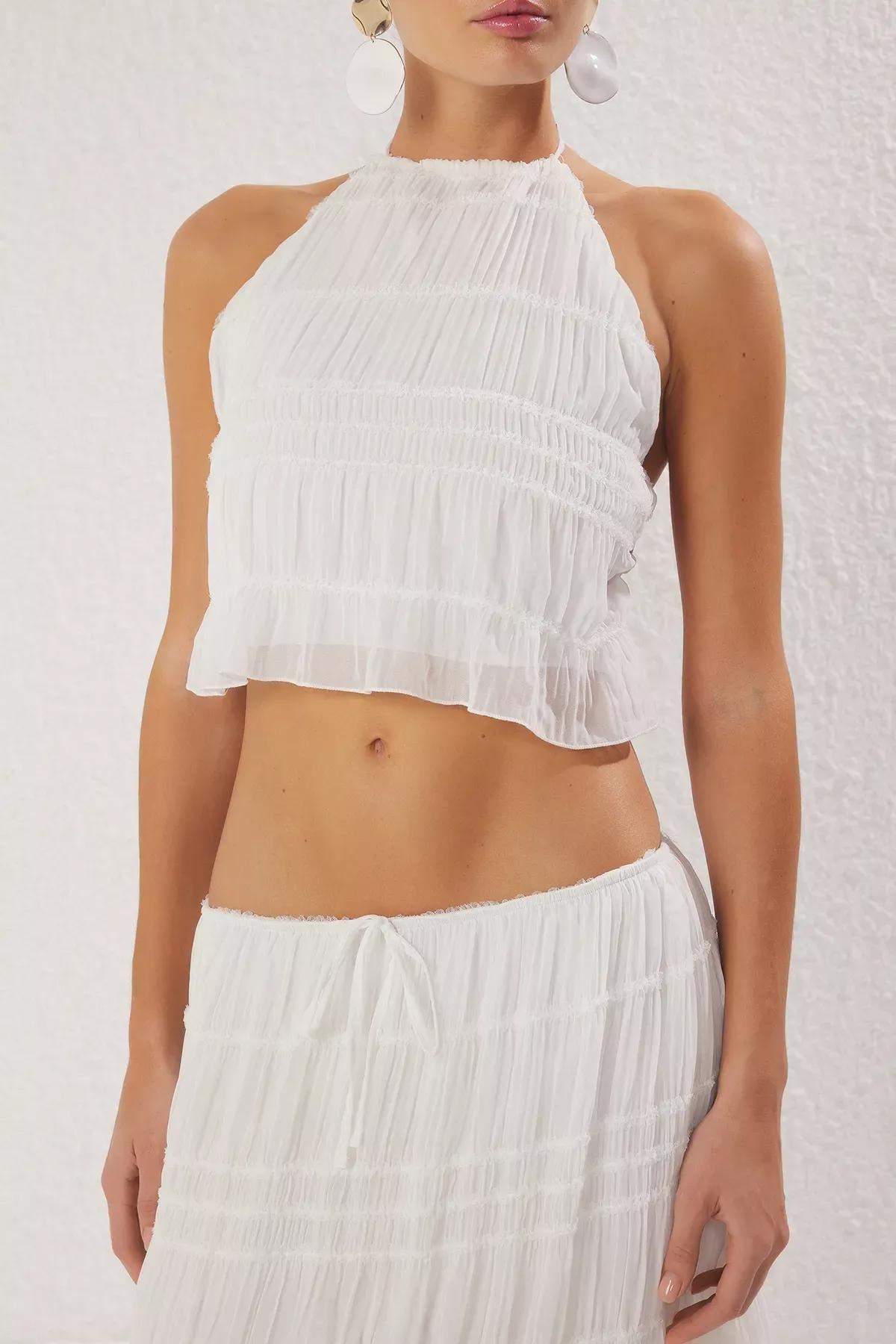 Beige Gathered Detailed Chiffon Co-Ord Set, Ecru, large image number 3