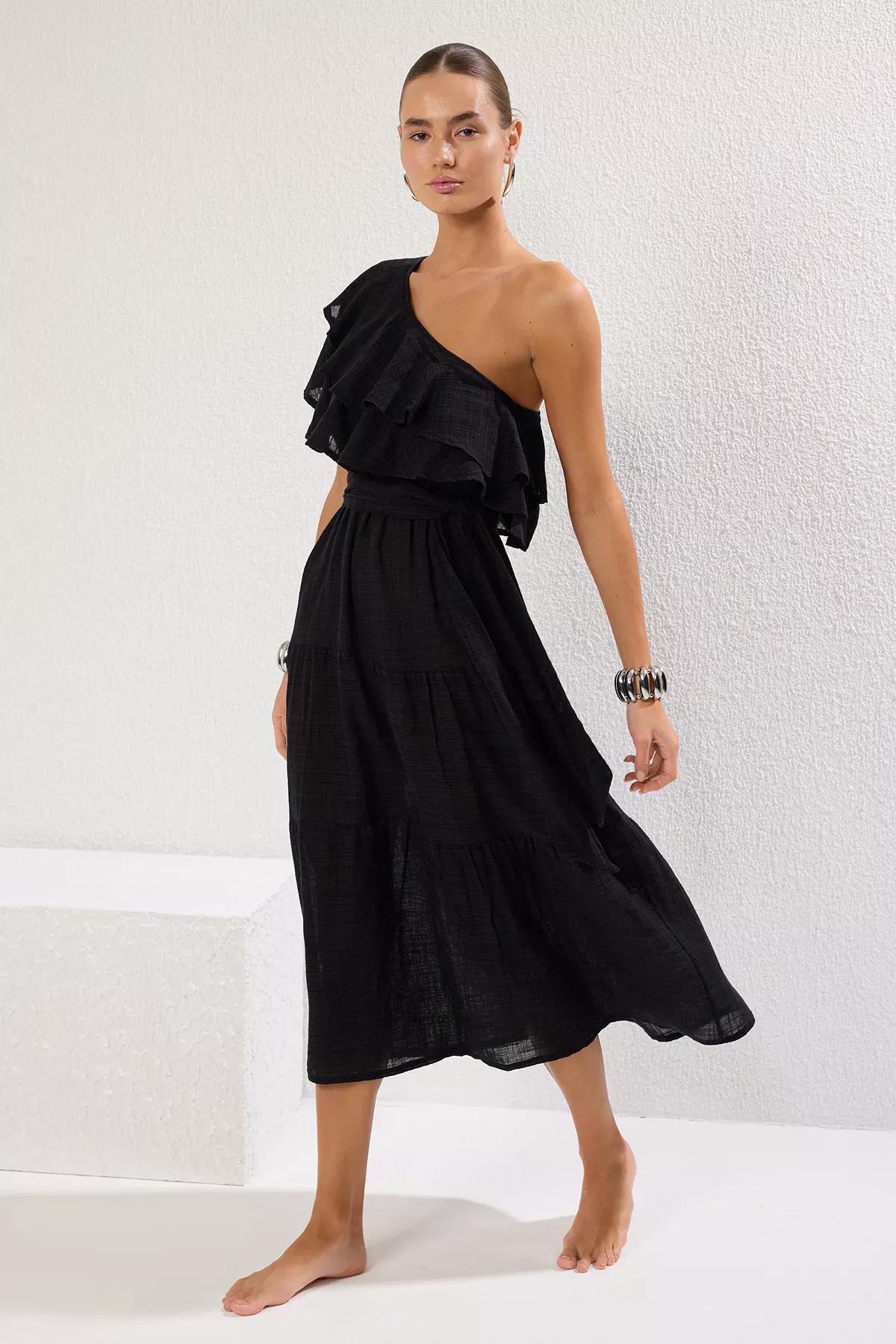Black One Shoulder Linen Dress, , large image number 0