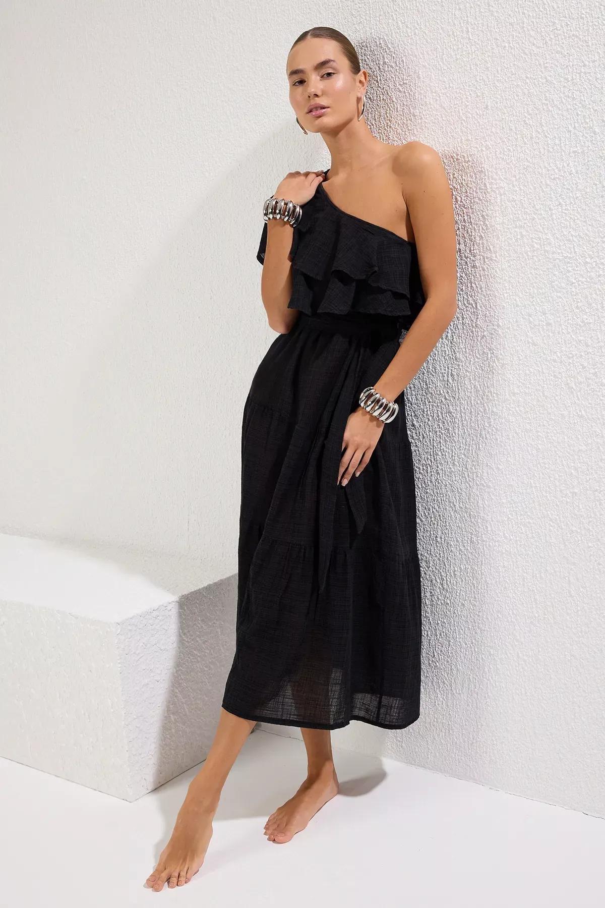 Black One Shoulder Linen Dress, , large image number 1