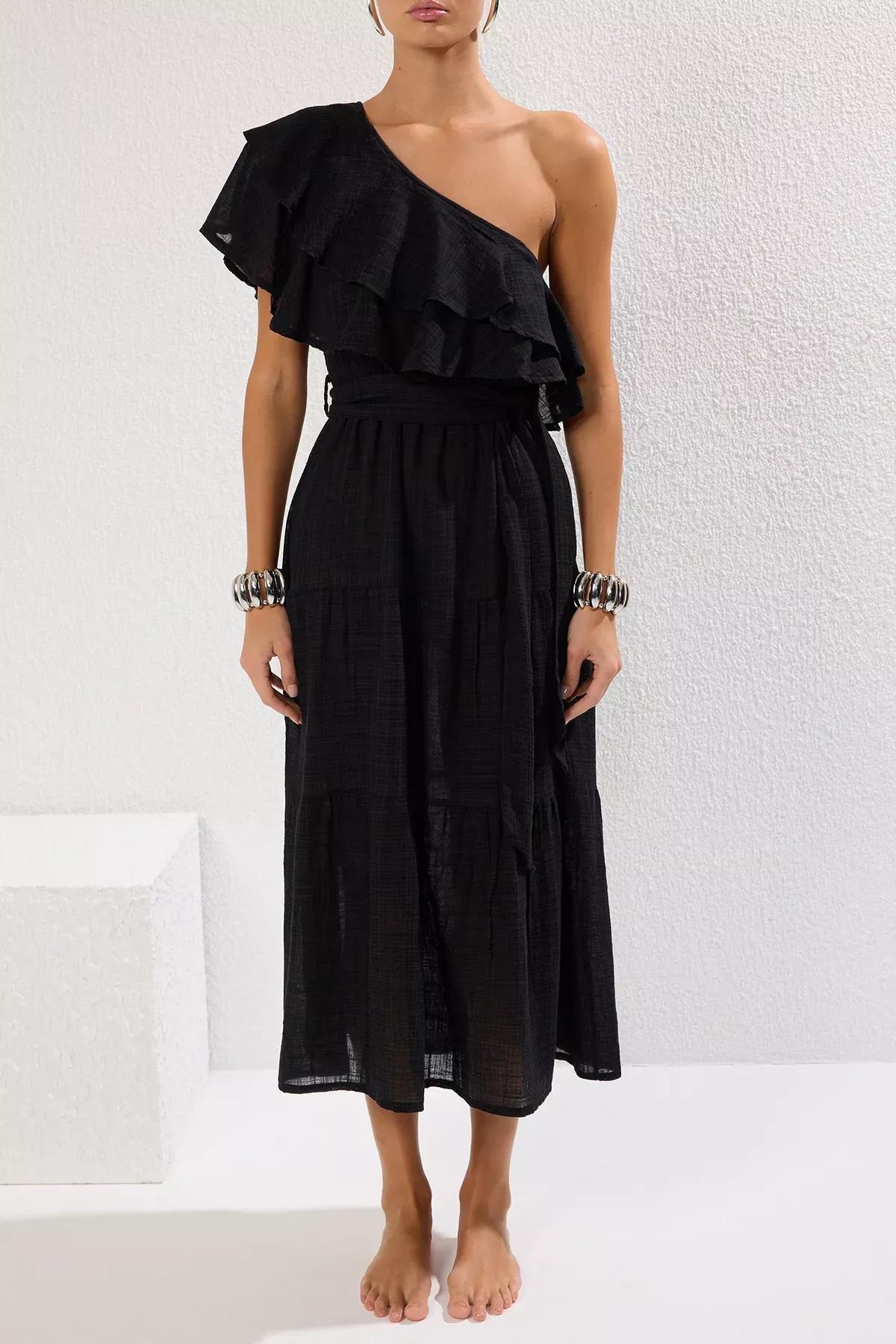 Black One Shoulder Linen Dress, , large image number 2