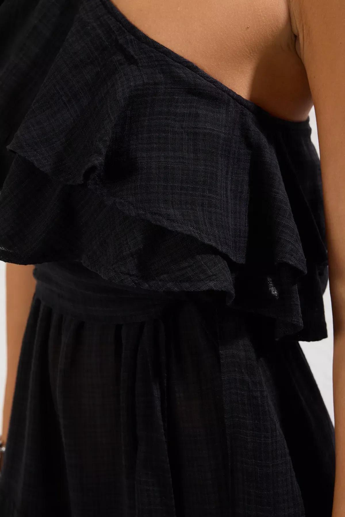Black One Shoulder Linen Dress, , large image number 3