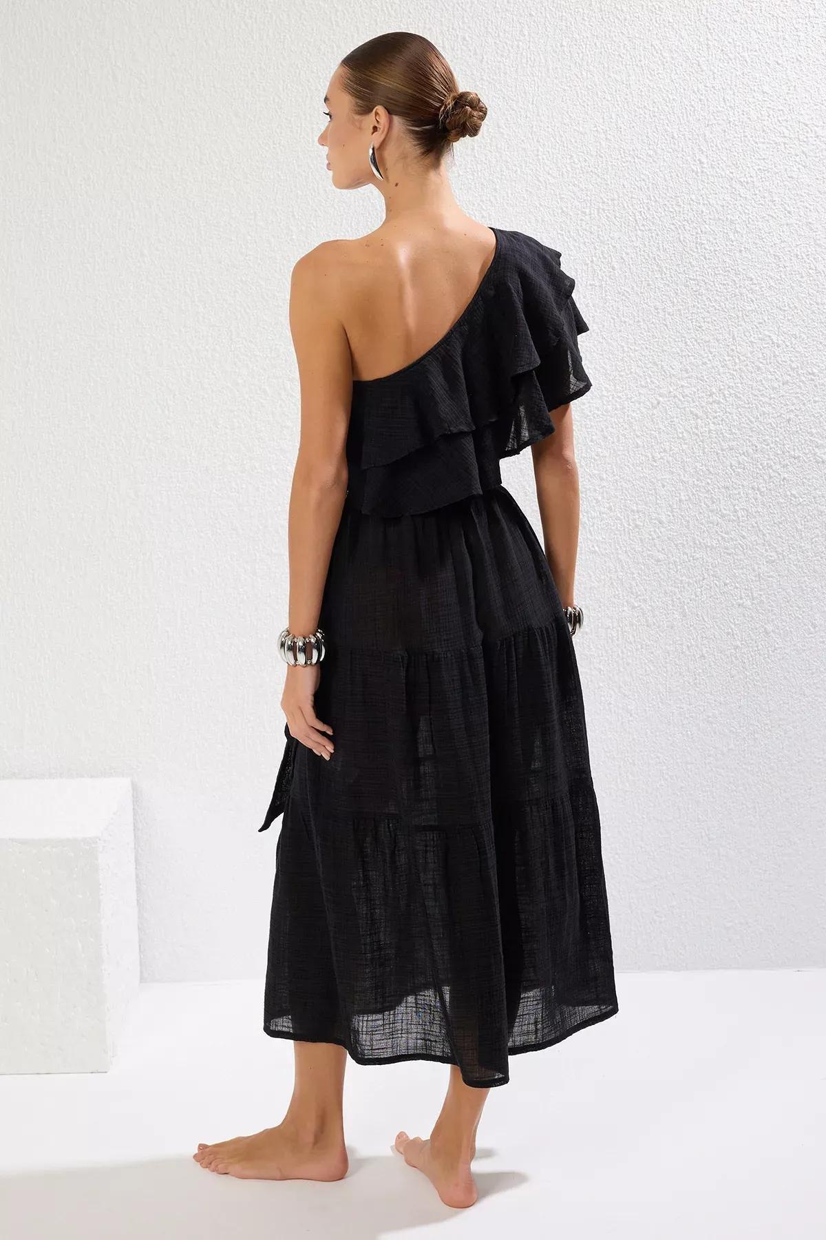 Black One Shoulder Linen Dress, , large image number 4