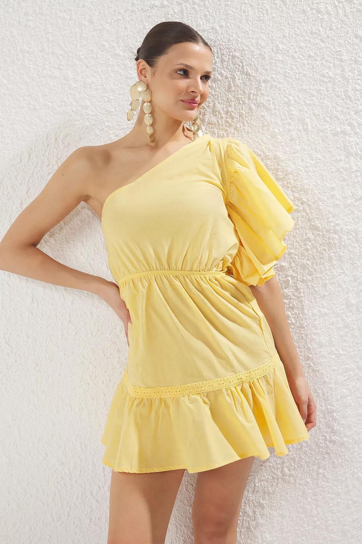 Yellow One Shoulder Mini Dress, , large image number 0