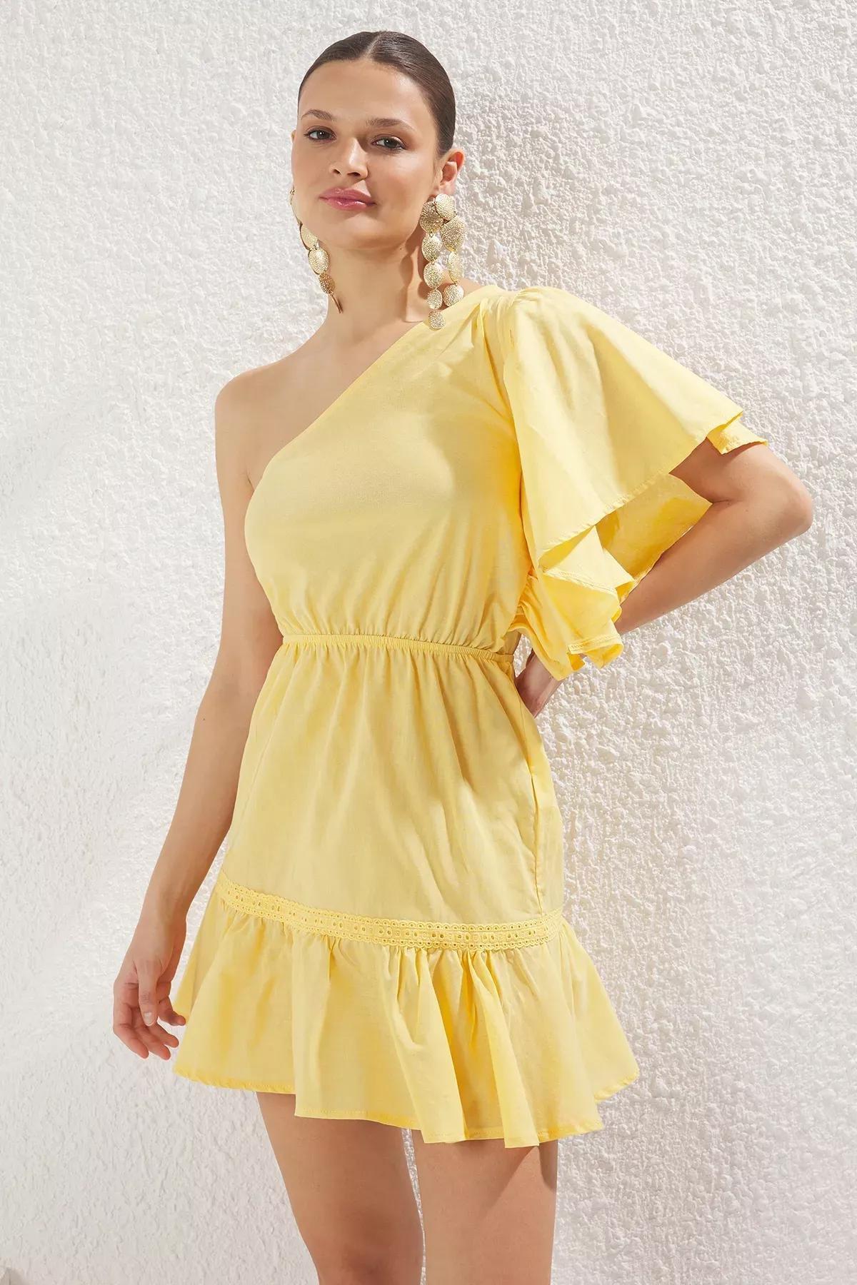 Yellow One Shoulder Mini Dress, , large image number 1