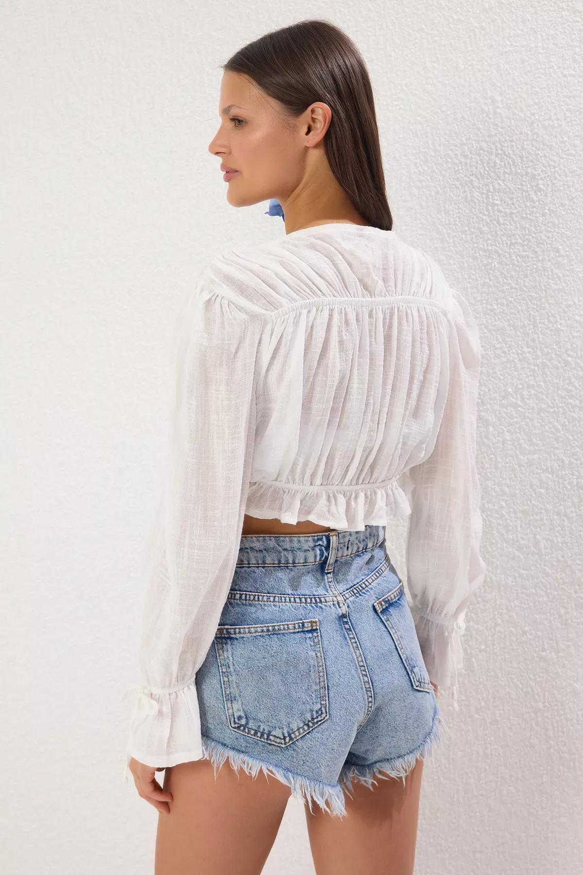 Beige Shirring Detailed Linen Beach Blouse, Ecru, large image number 3