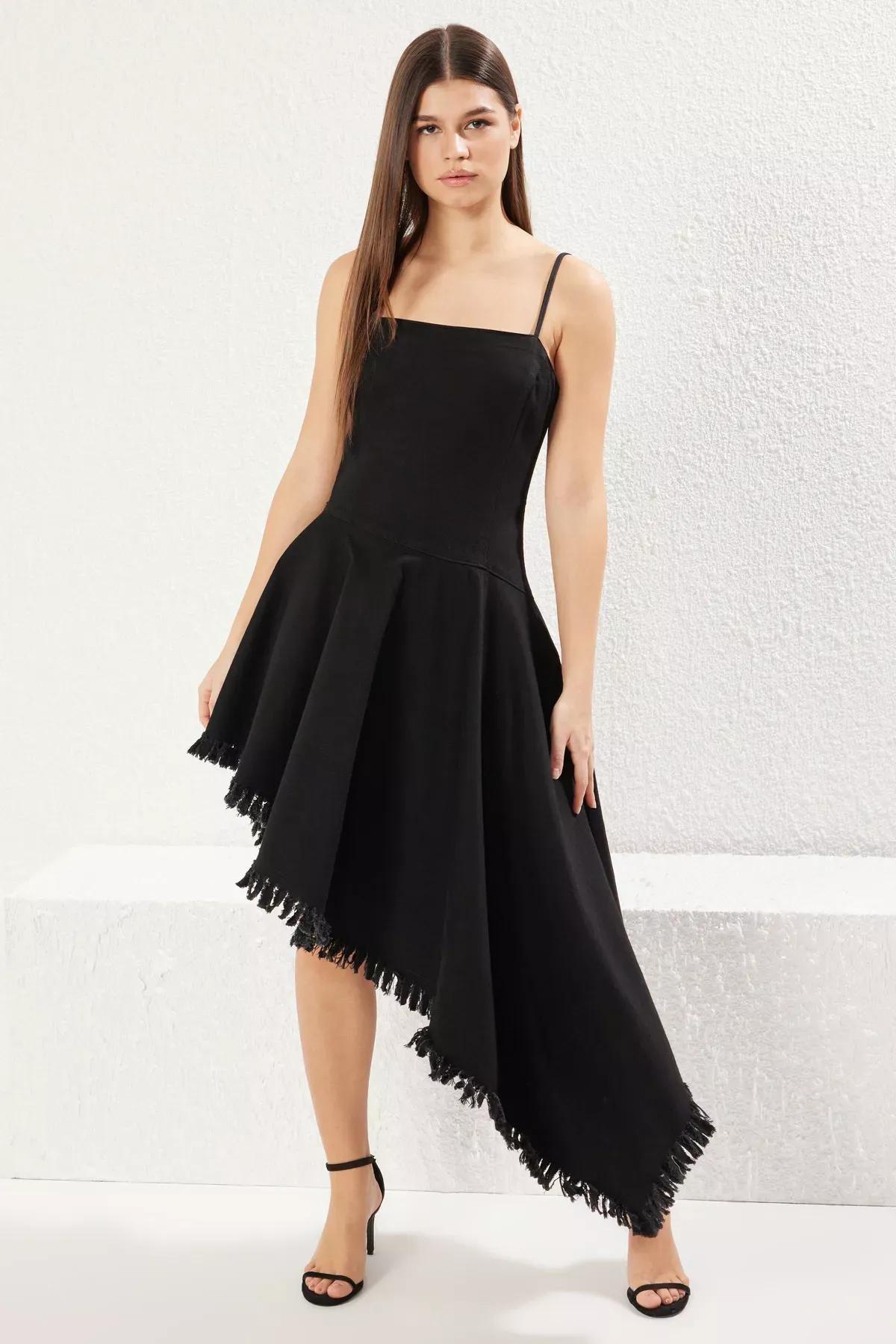 Black Flounced Strappy Midi Denim Dress, , large image number 0