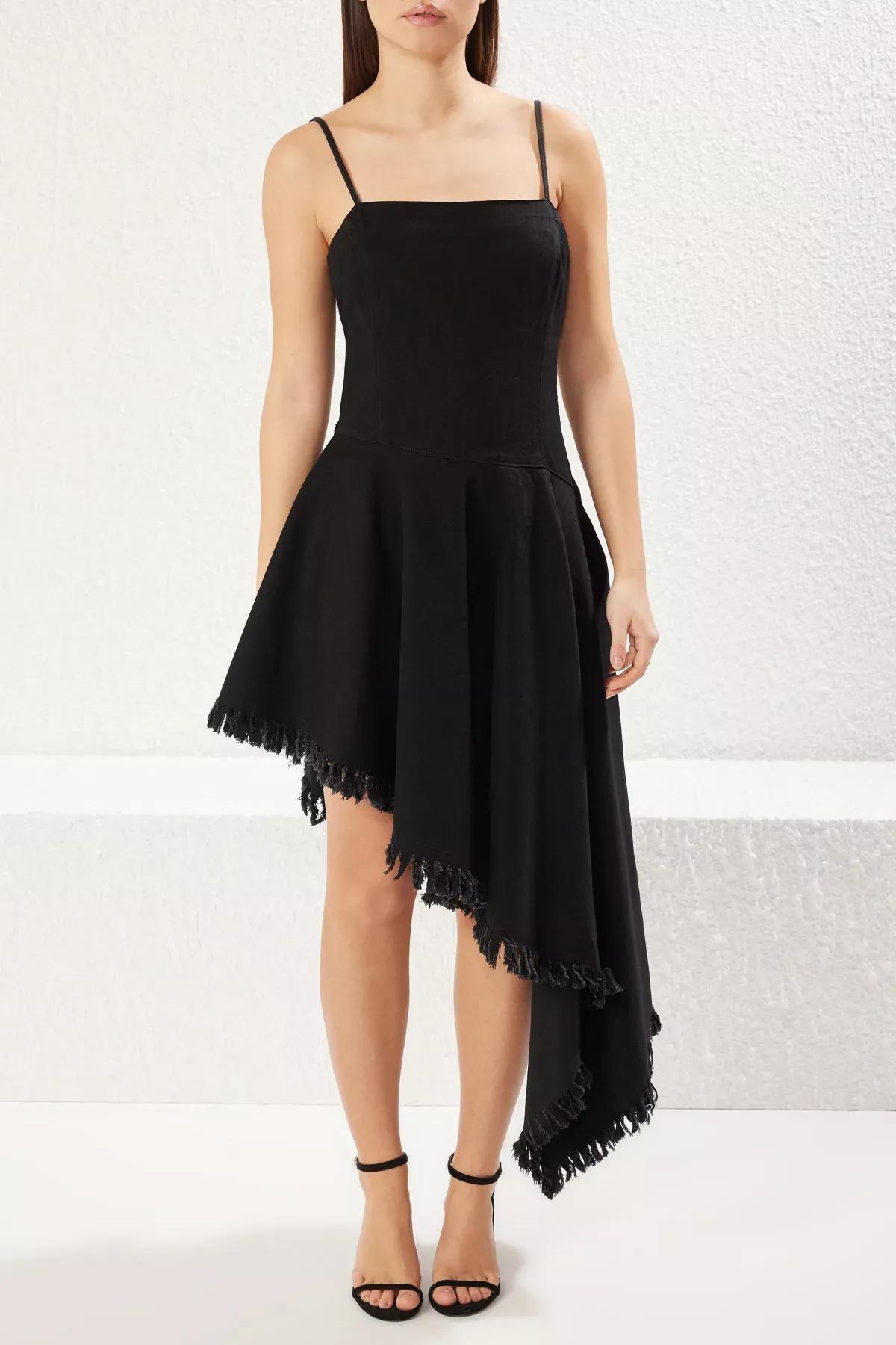 Black Flounced Strappy Midi Denim Dress, , large image number 2