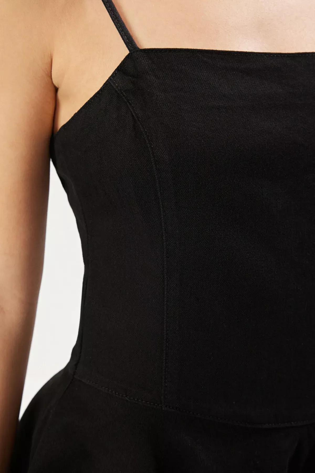 Black Flounced Strappy Midi Denim Dress, , large image number 3