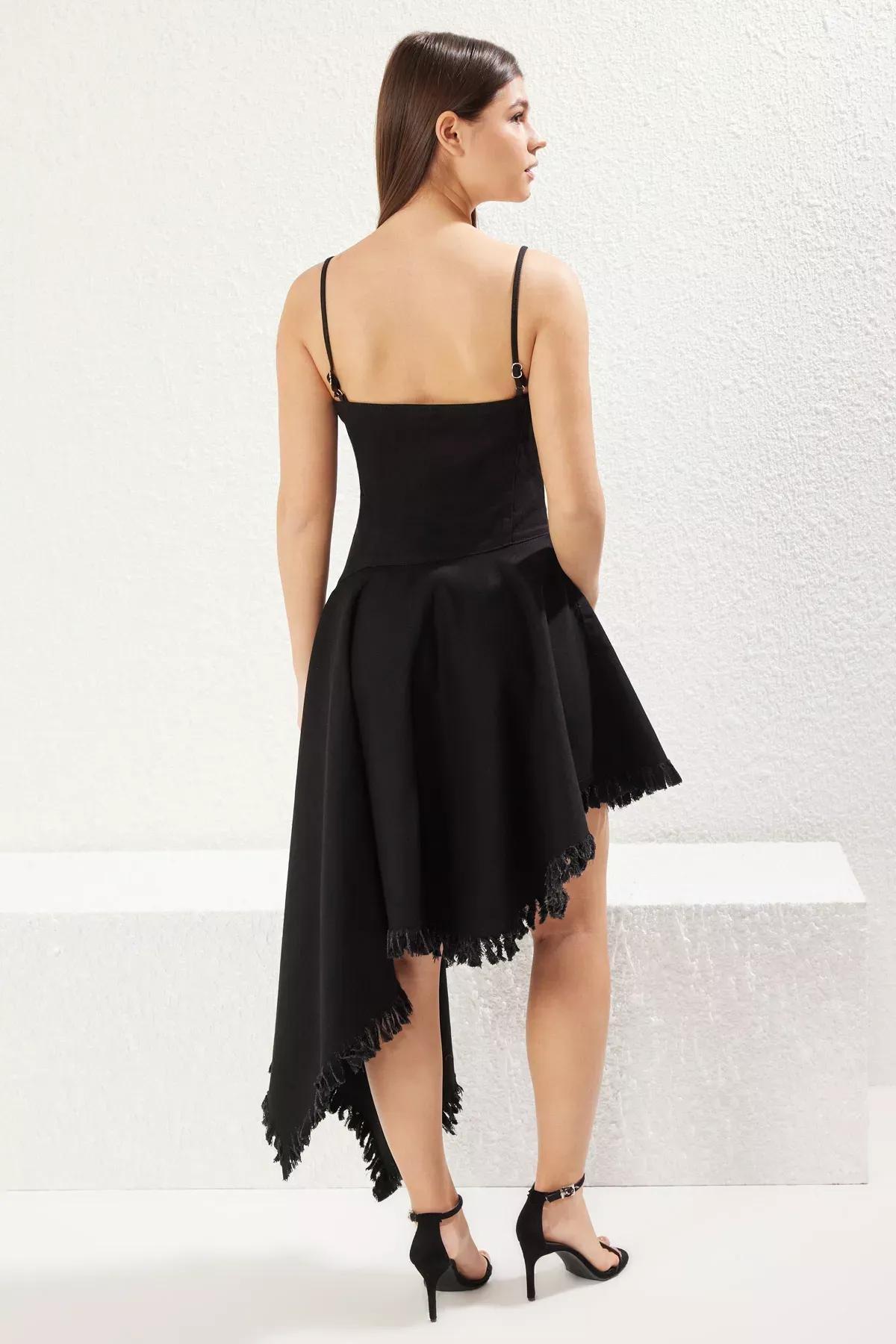 Black Flounced Strappy Midi Denim Dress, , large image number 4