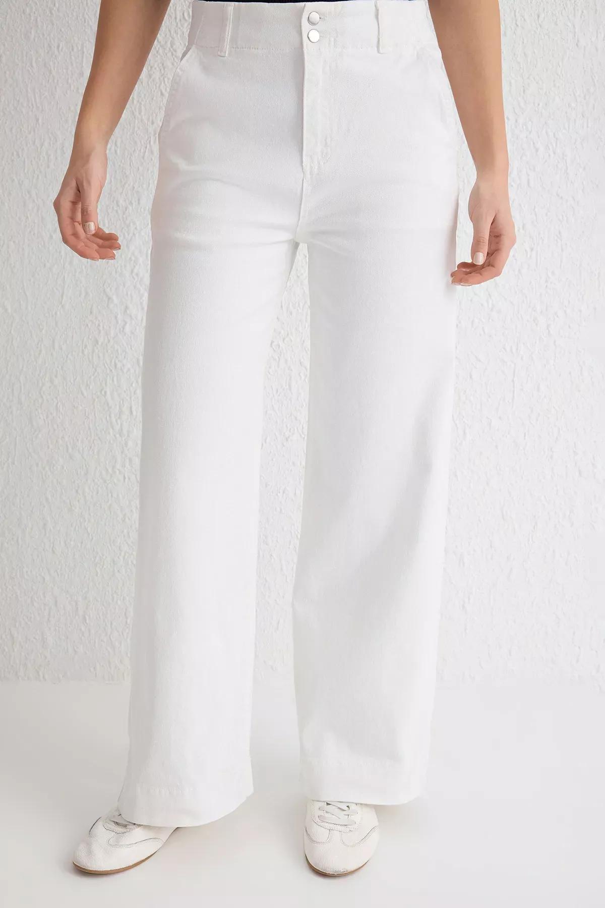 White Buttoned Wide Leg Jeans, White, large image number 2