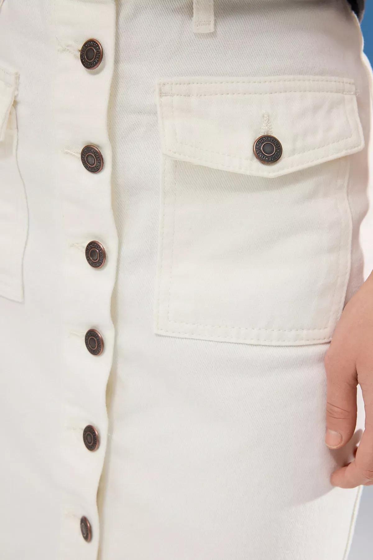 Beige Button Front Denim Skirt, , large image number 3