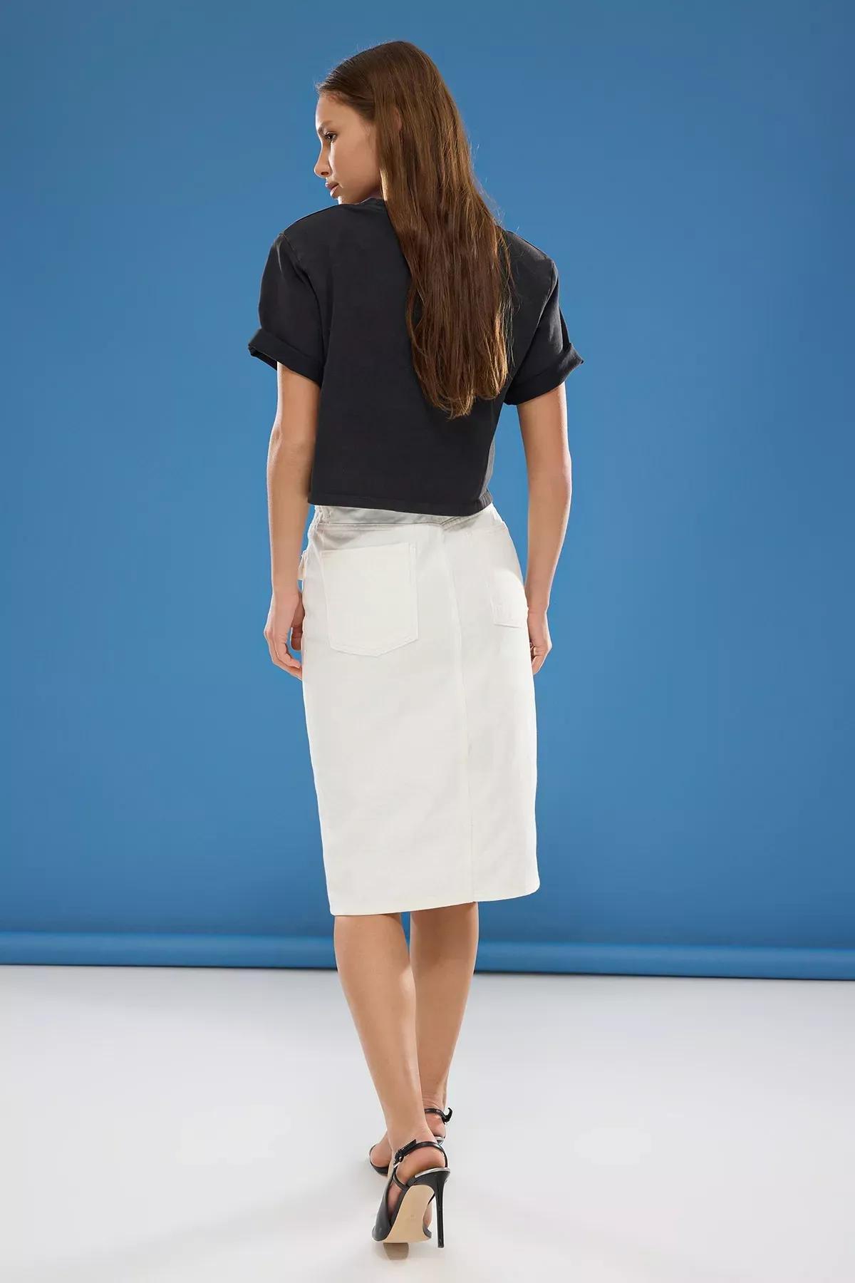 Beige Button Front Denim Skirt, , large image number 4