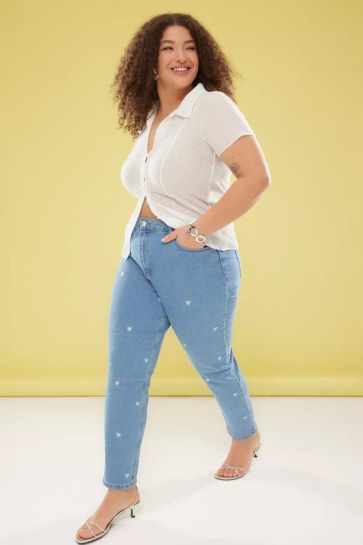 Blue High Waist Embroidered Stretched Skinny Jeans, , large image number 1