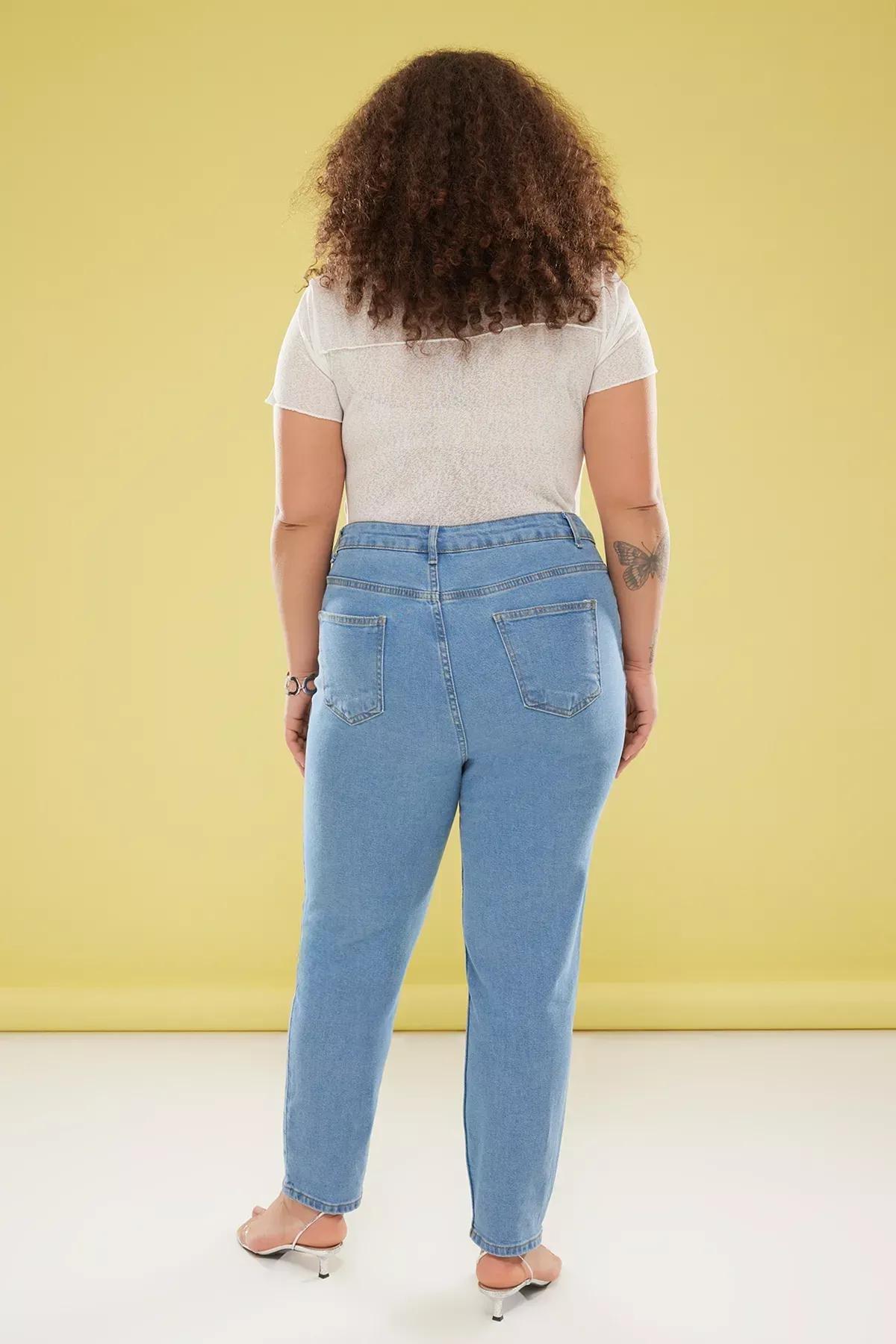 Blue High Waist Embroidered Stretched Skinny Jeans, , large image number 4