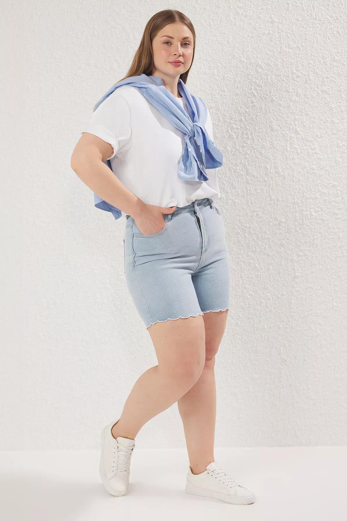 Blue  Stitch Detail Denim Shorts, LIGHT BLUE, large image number 0