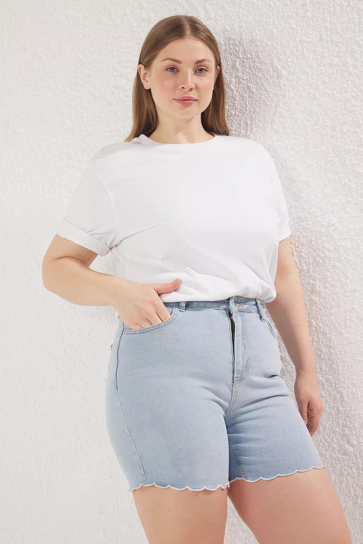 Blue  Stitch Detail Denim Shorts, LIGHT BLUE, large image number 2